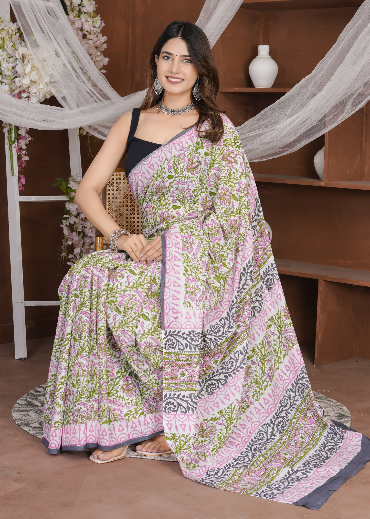 Green Pink Rapid Pure Mul Cotton Saree