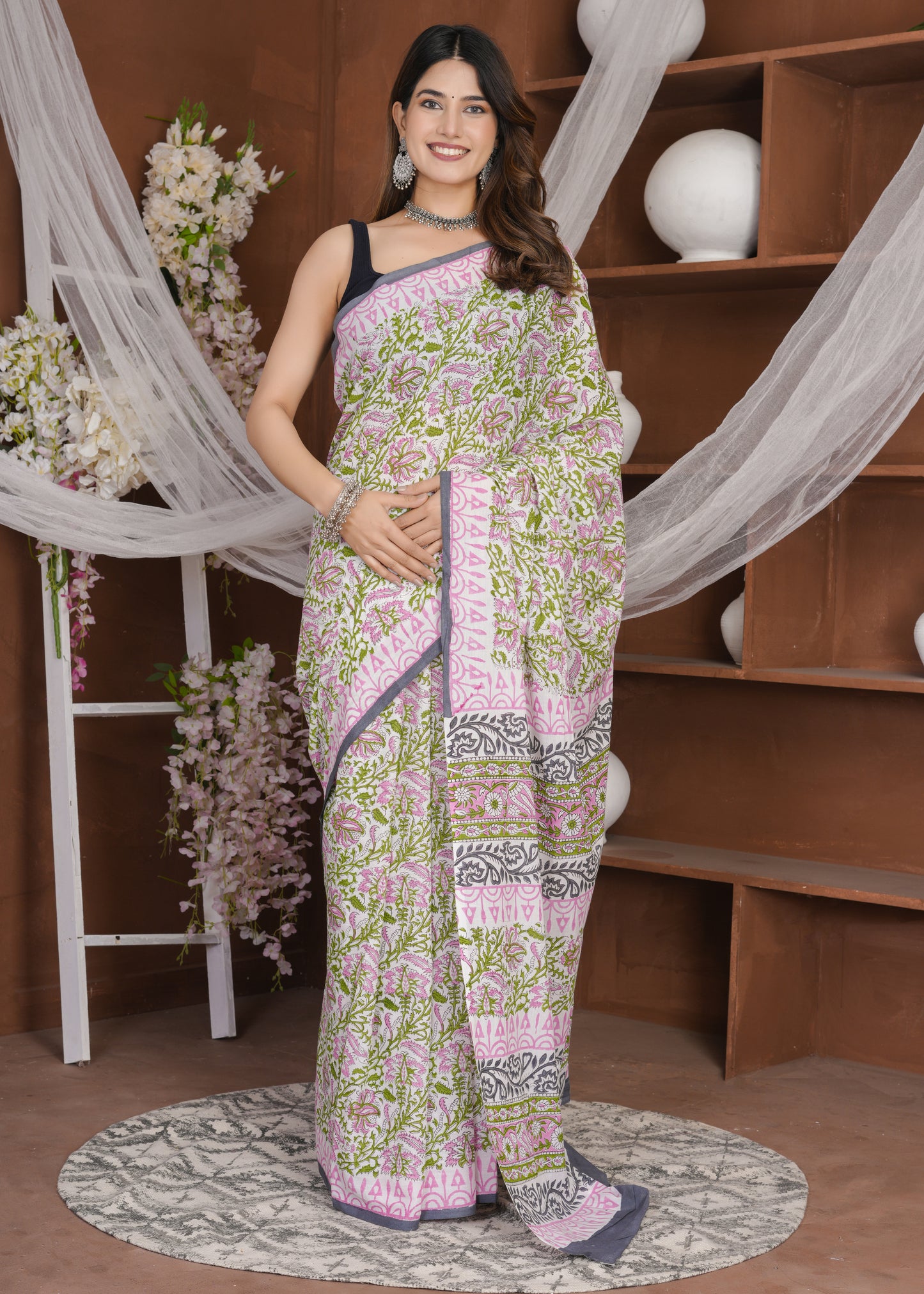 Green Pink Rapid Pure Mul Cotton Saree