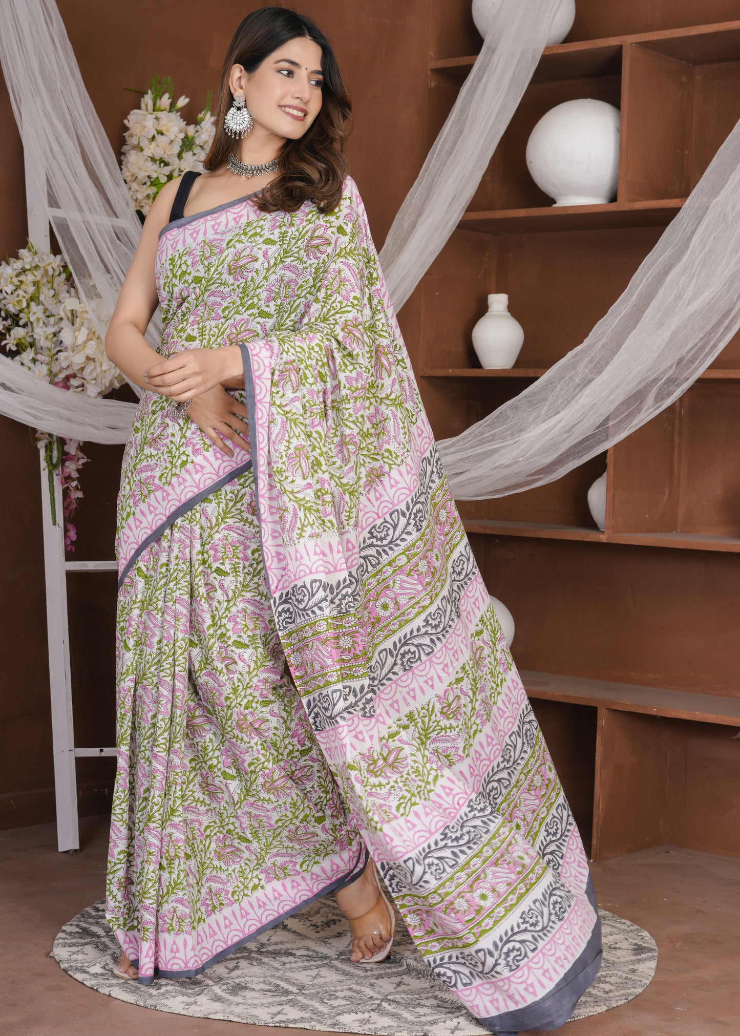 Green Pink Rapid Pure Mul Cotton Saree