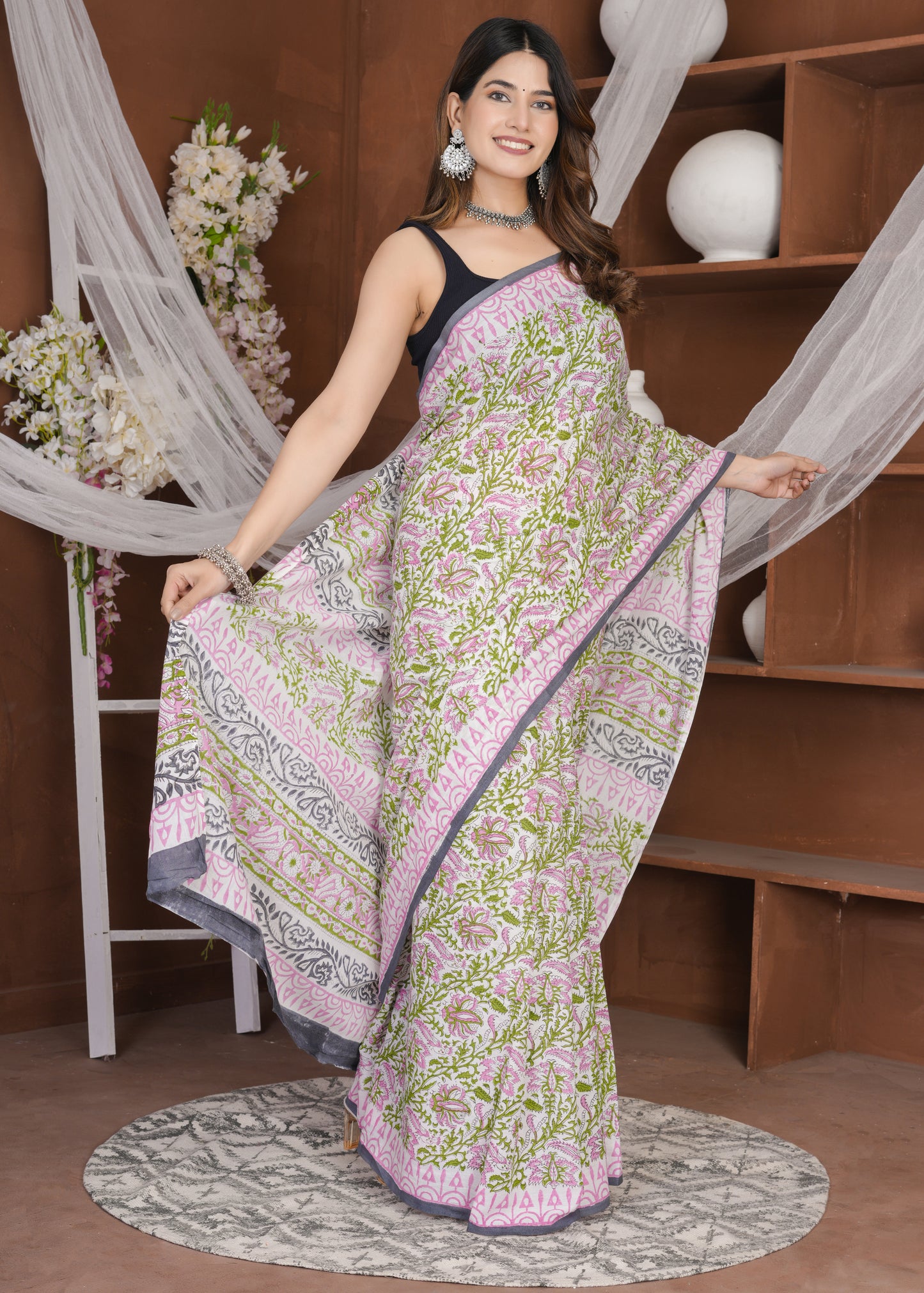 Green Pink Rapid Pure Mul Cotton Saree
