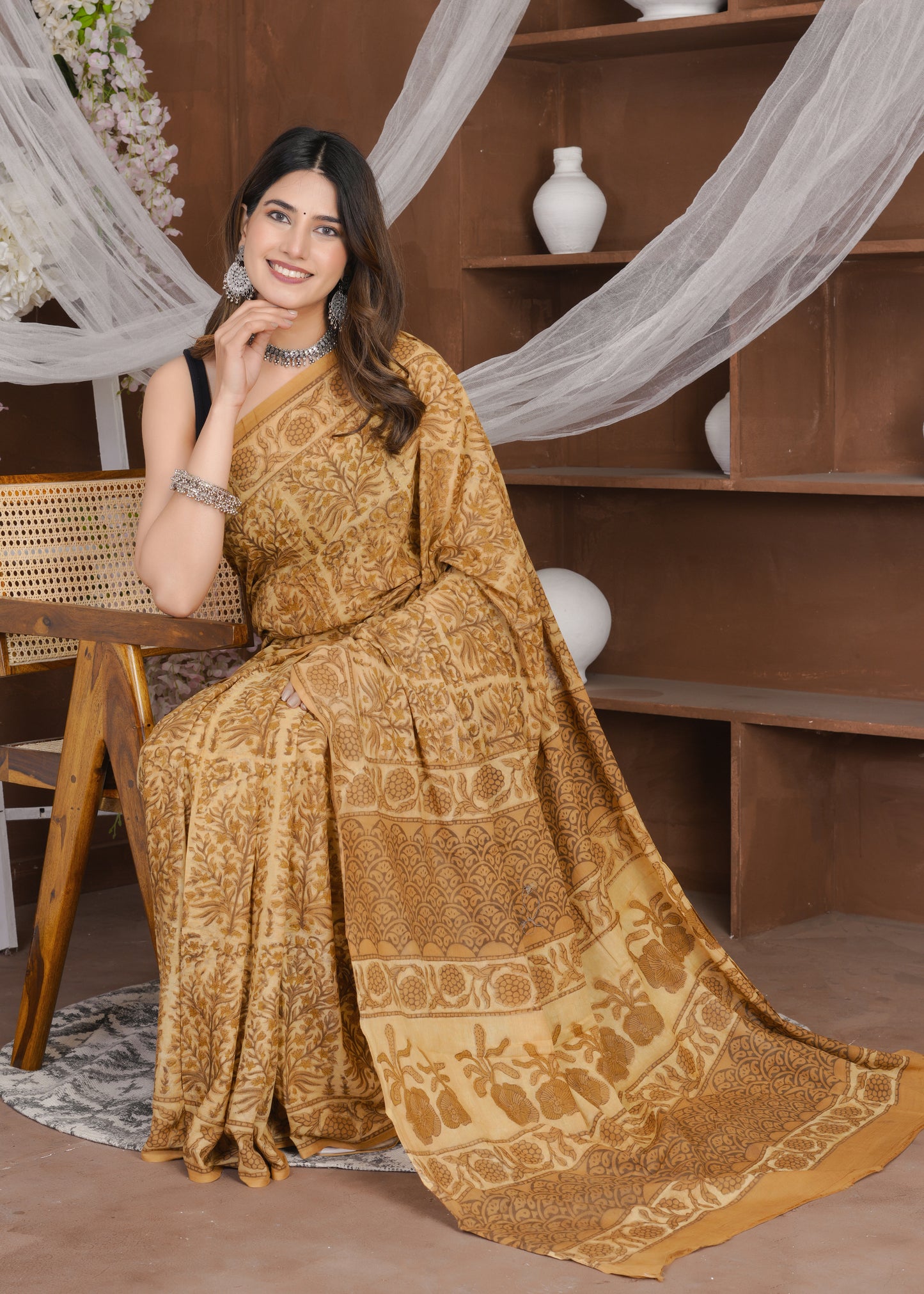 Sonera: Mustard Yellow Ajrak Pure Mul Cotton Saree