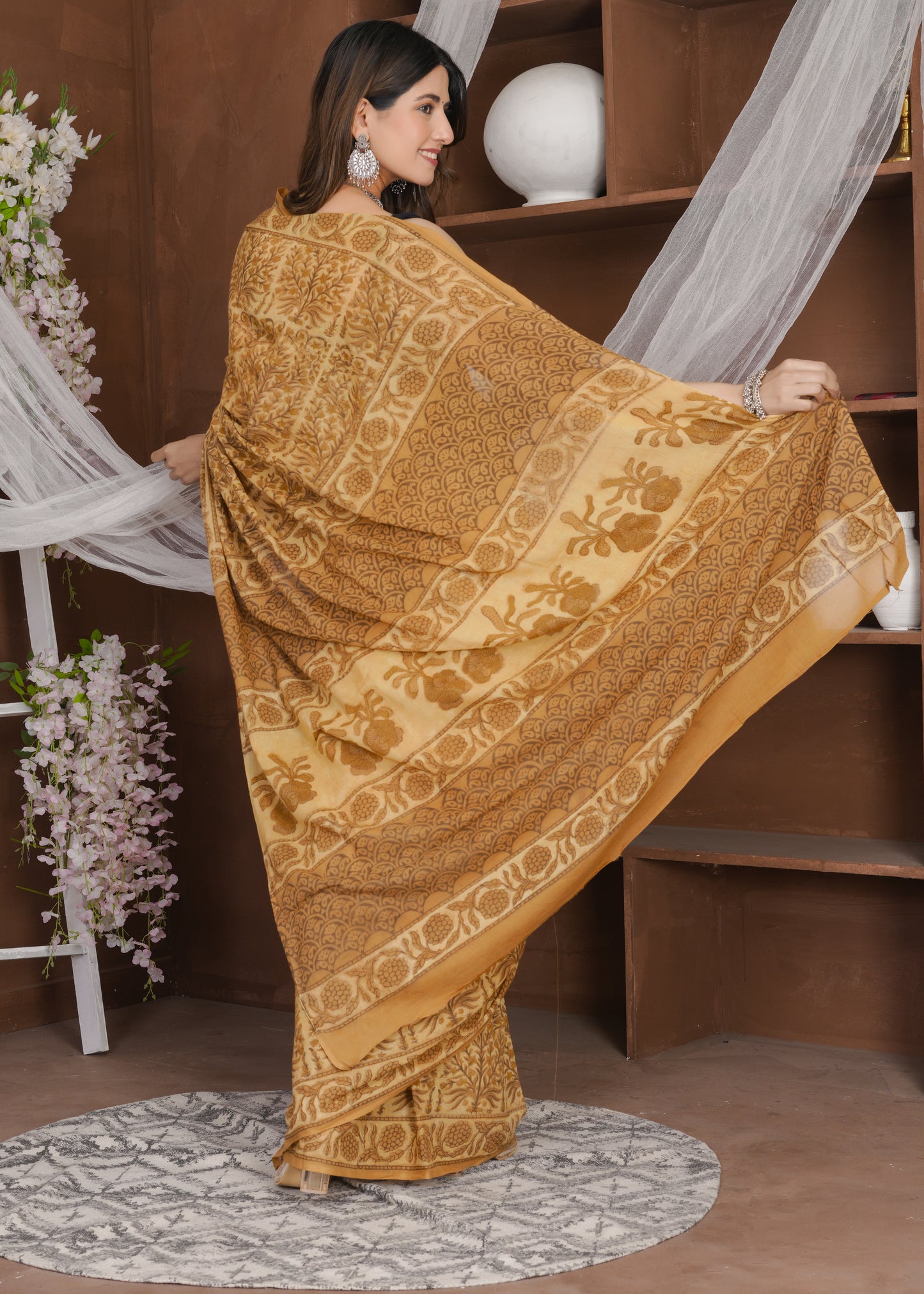 Sonera: Mustard Yellow Ajrak Pure Mul Cotton Saree
