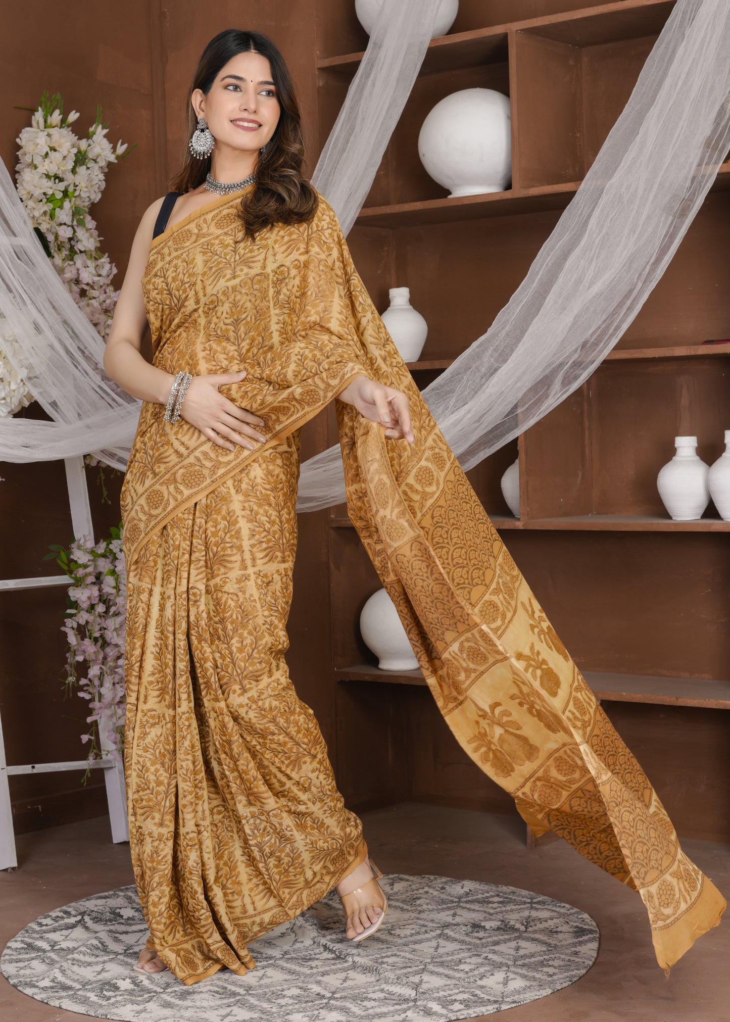 Sonera: Mustard Yellow Ajrak Pure Mul Cotton Saree