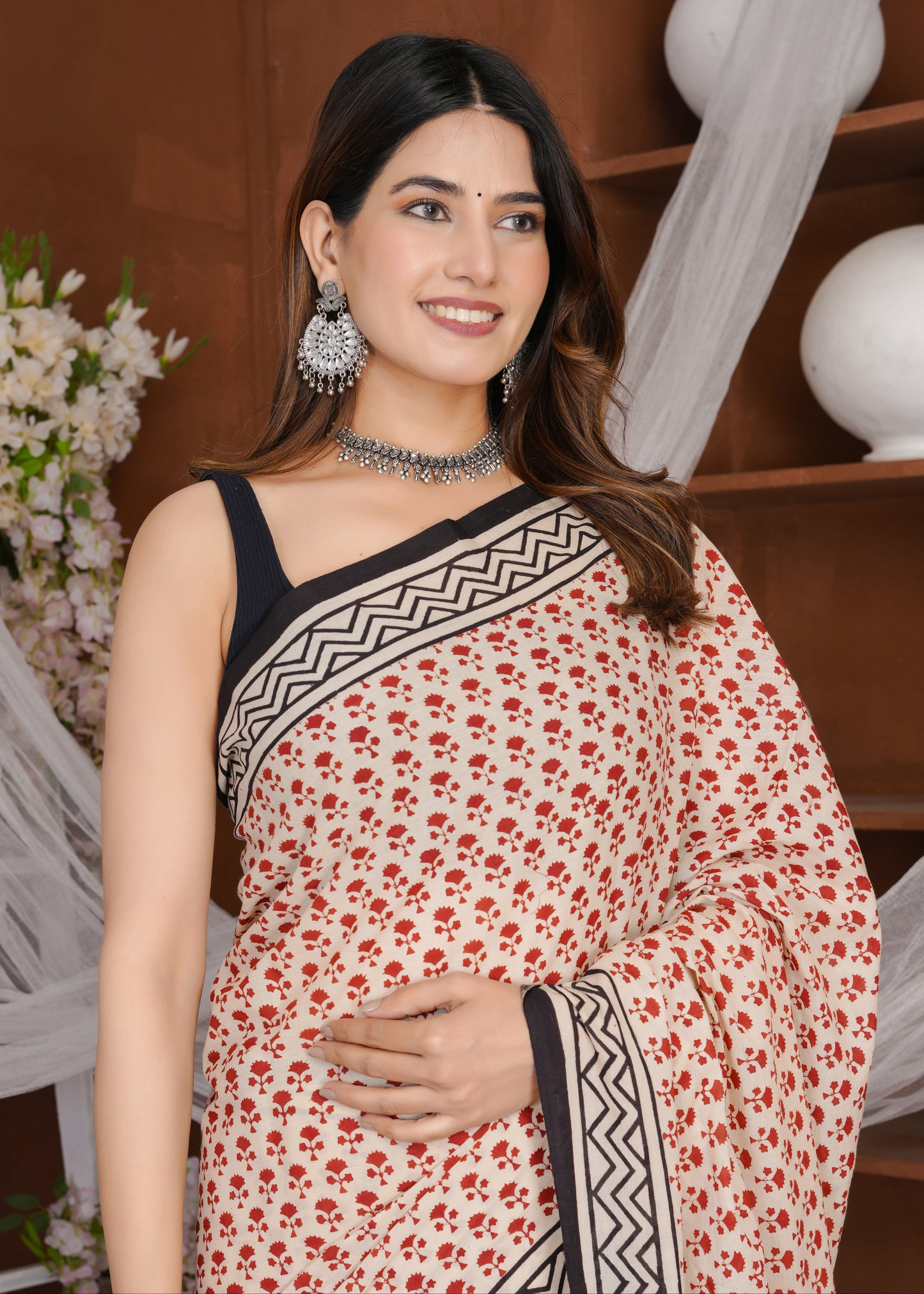 Red Offwhite Bagru Pure Mul Cotton Saree
