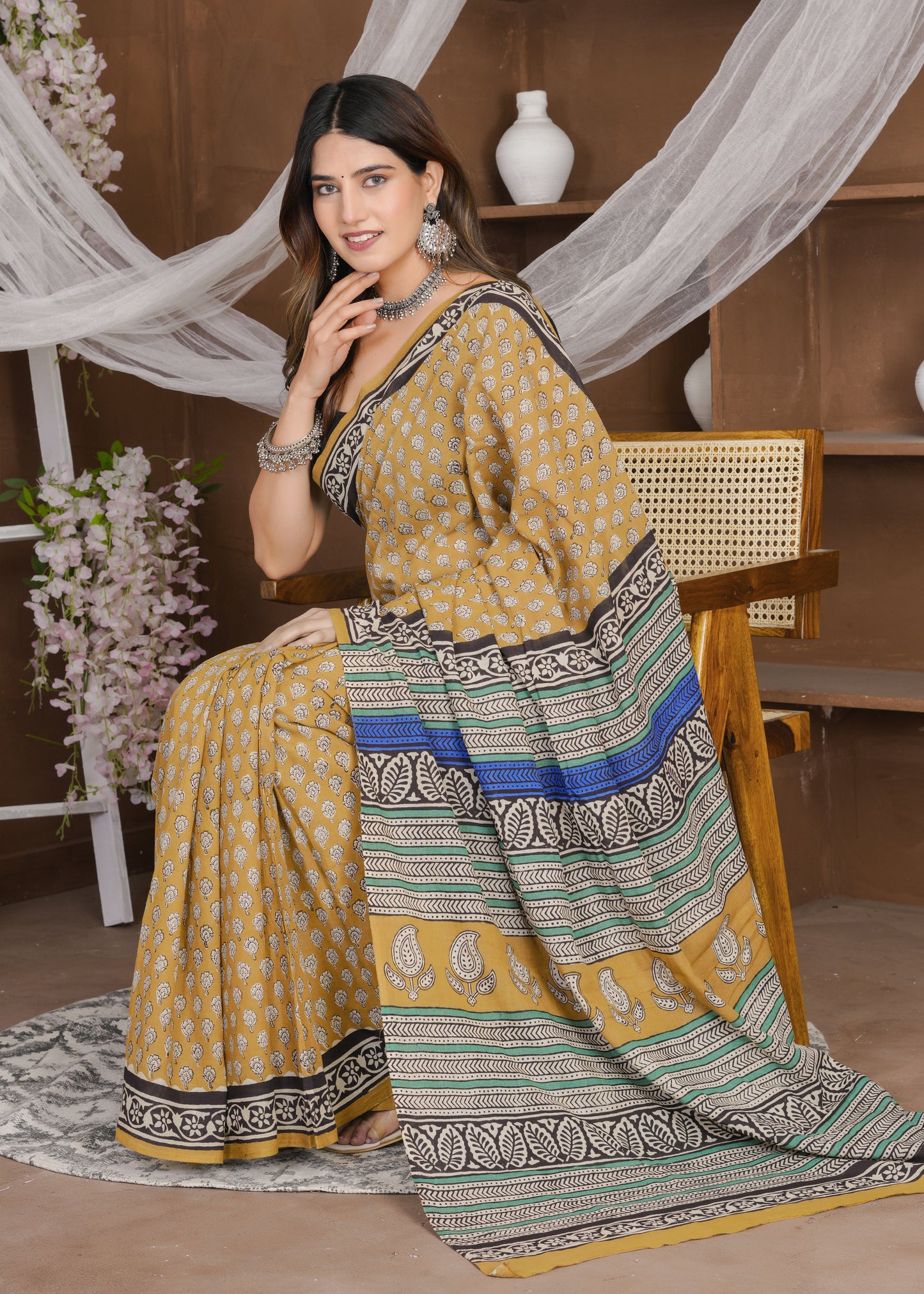 Sandhya: Dusty Orange Bagru Pure Mul Cotton Saree