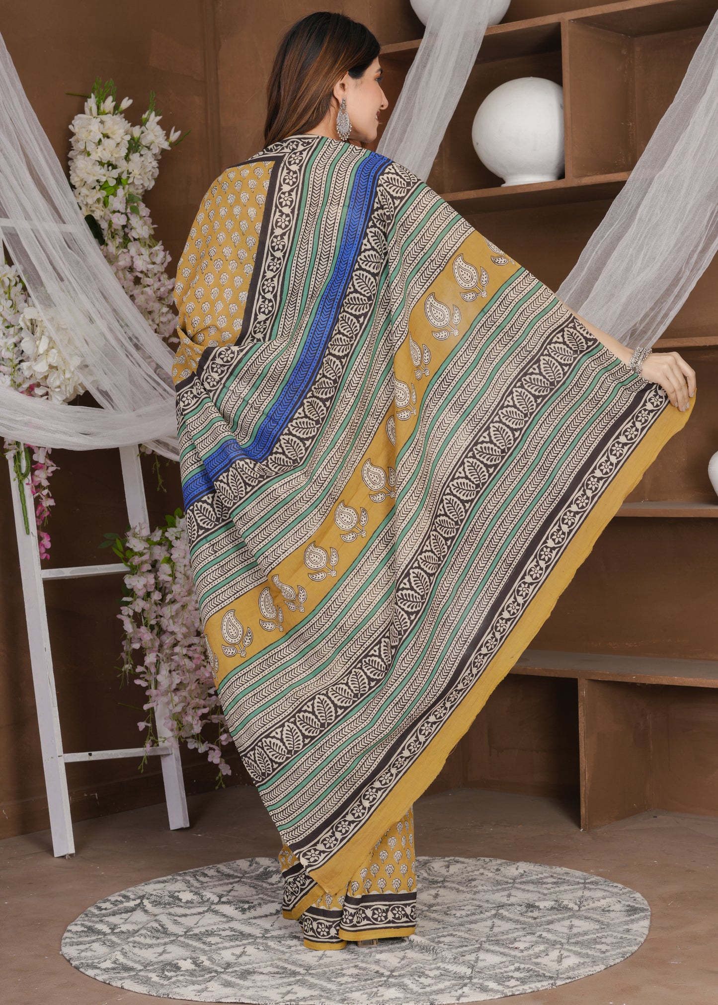 Sandhya: Dusty Orange Bagru Pure Mul Cotton Saree