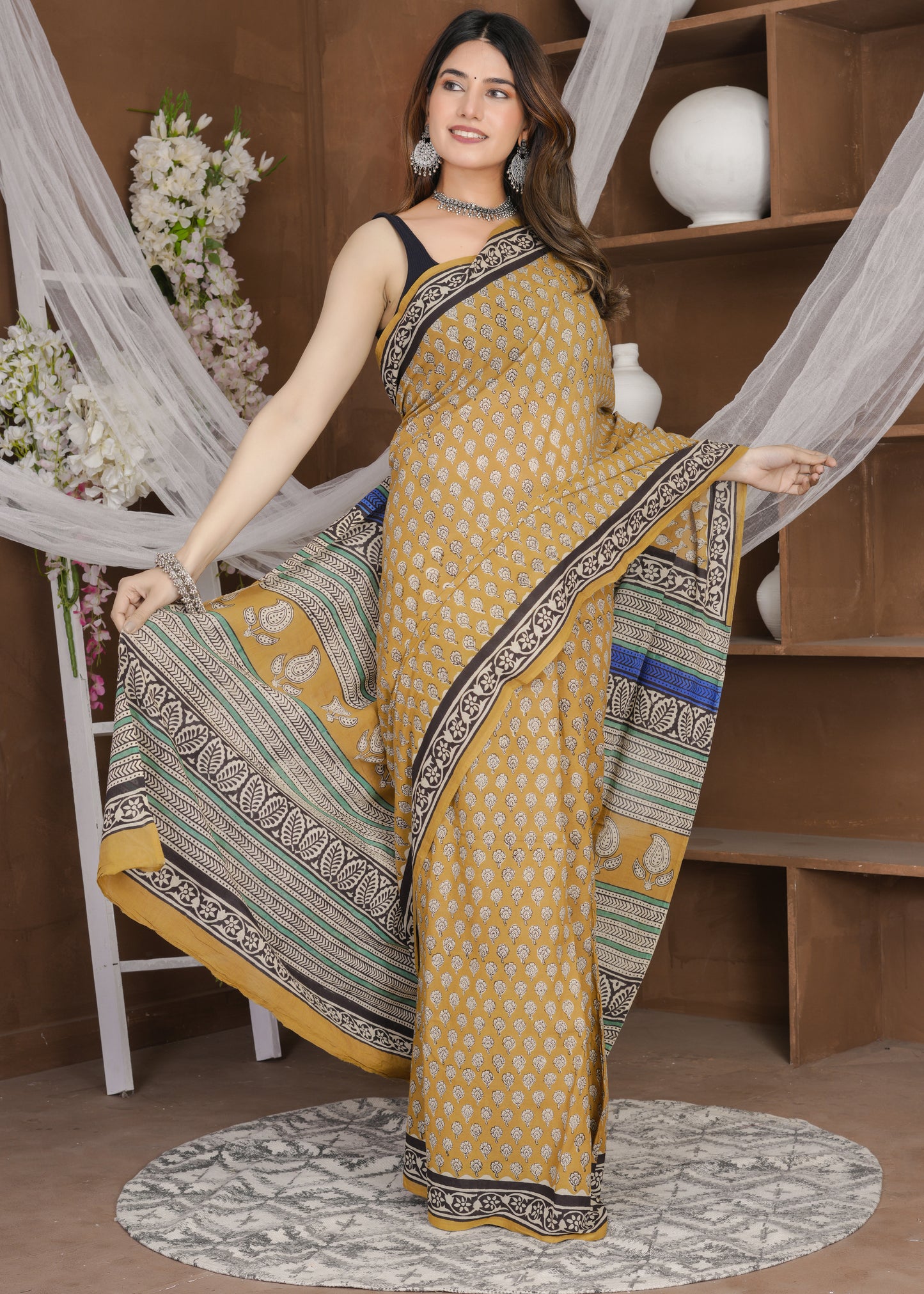 Sandhya: Dusty Orange Bagru Pure Mul Cotton Saree