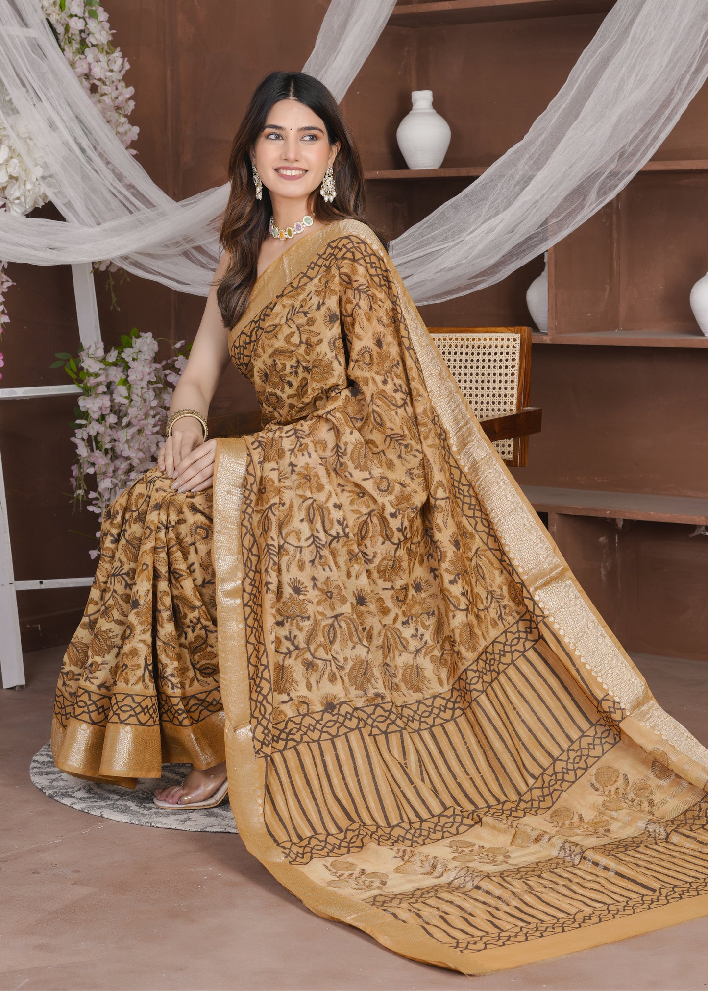 Kanshi: Rust Orange Ajrak Modal Chanderi Saree
