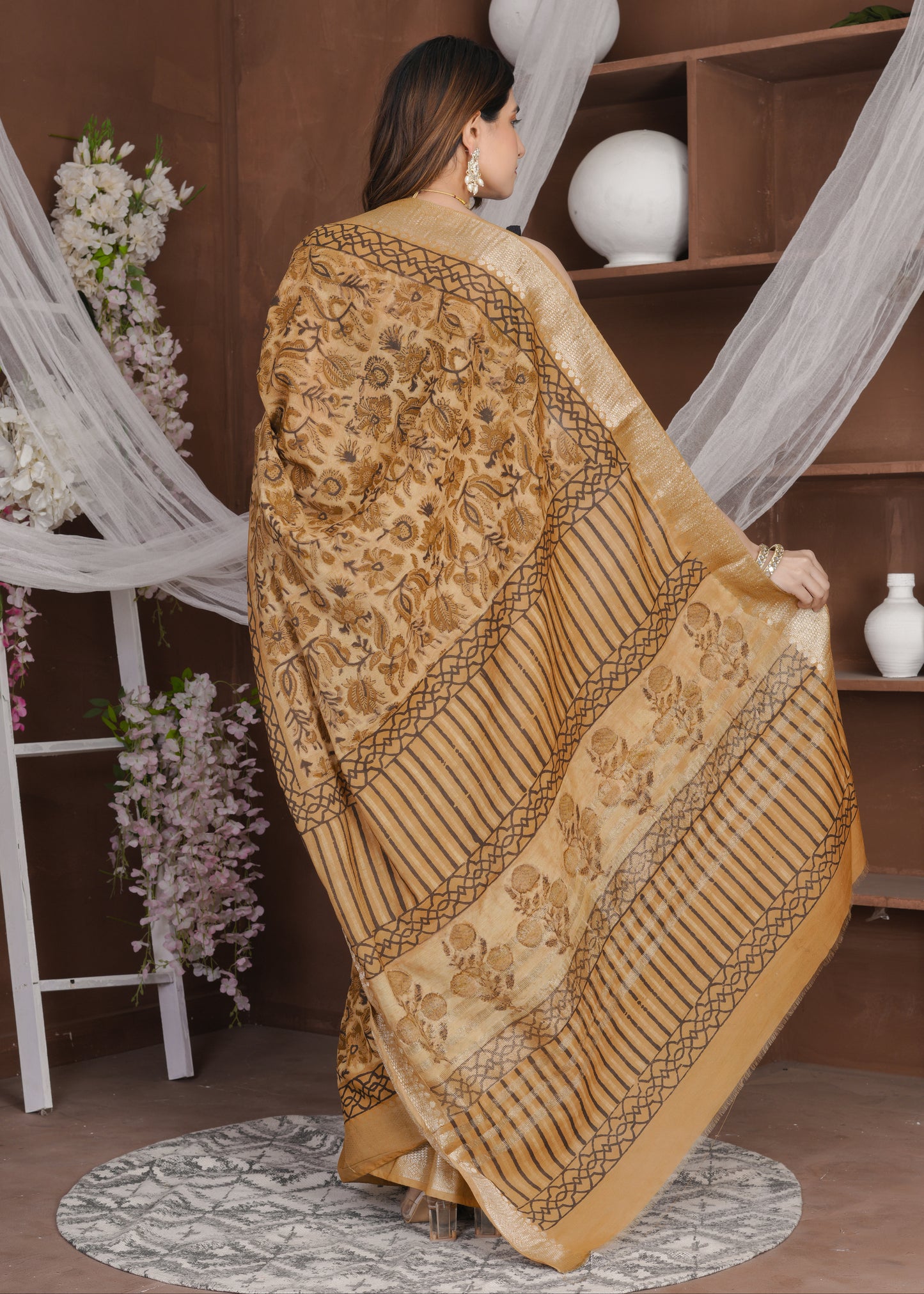 Kanshi: Rust Orange Ajrak Modal Chanderi Saree