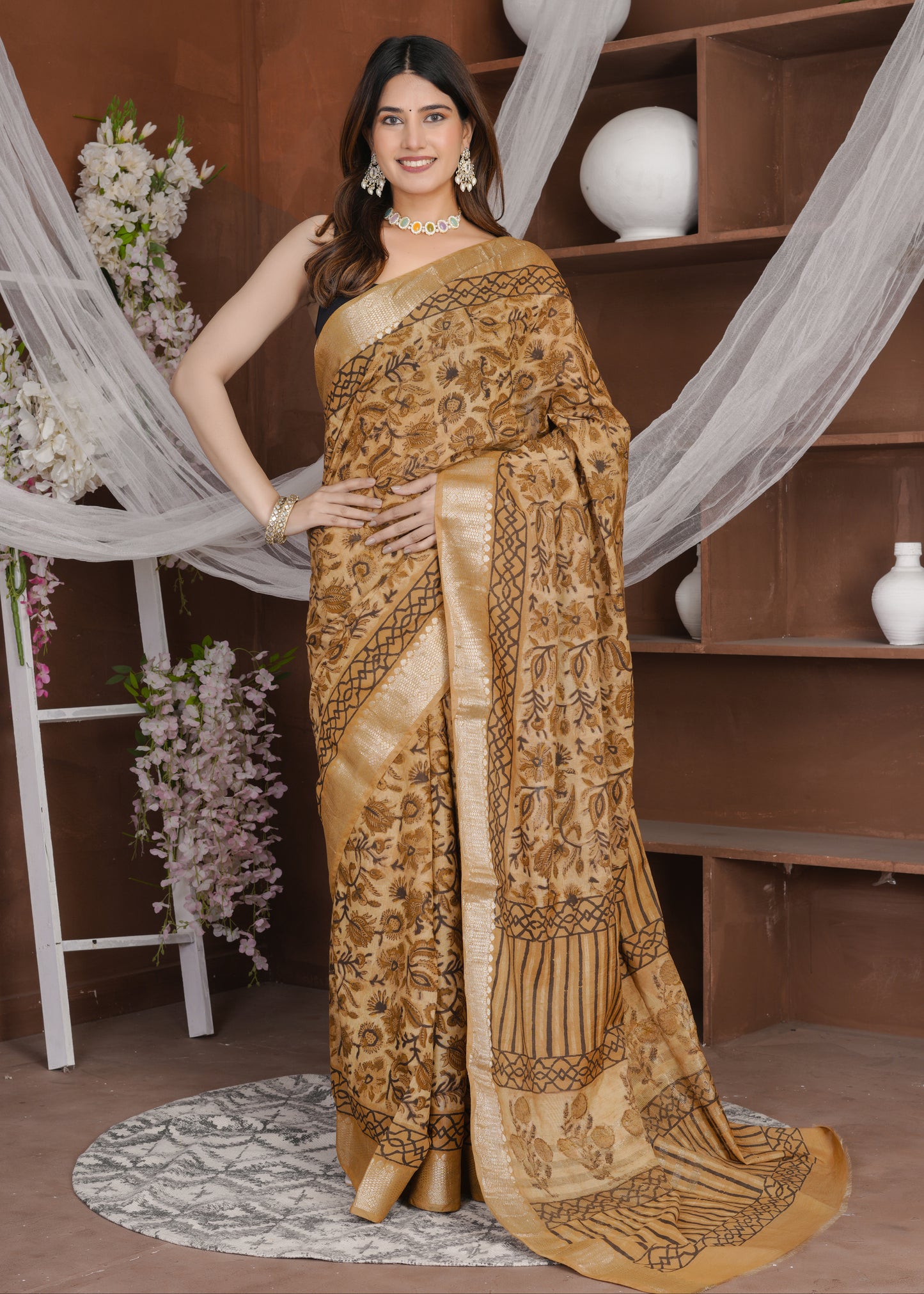 Kanshi: Rust Orange Ajrak Modal Chanderi Saree