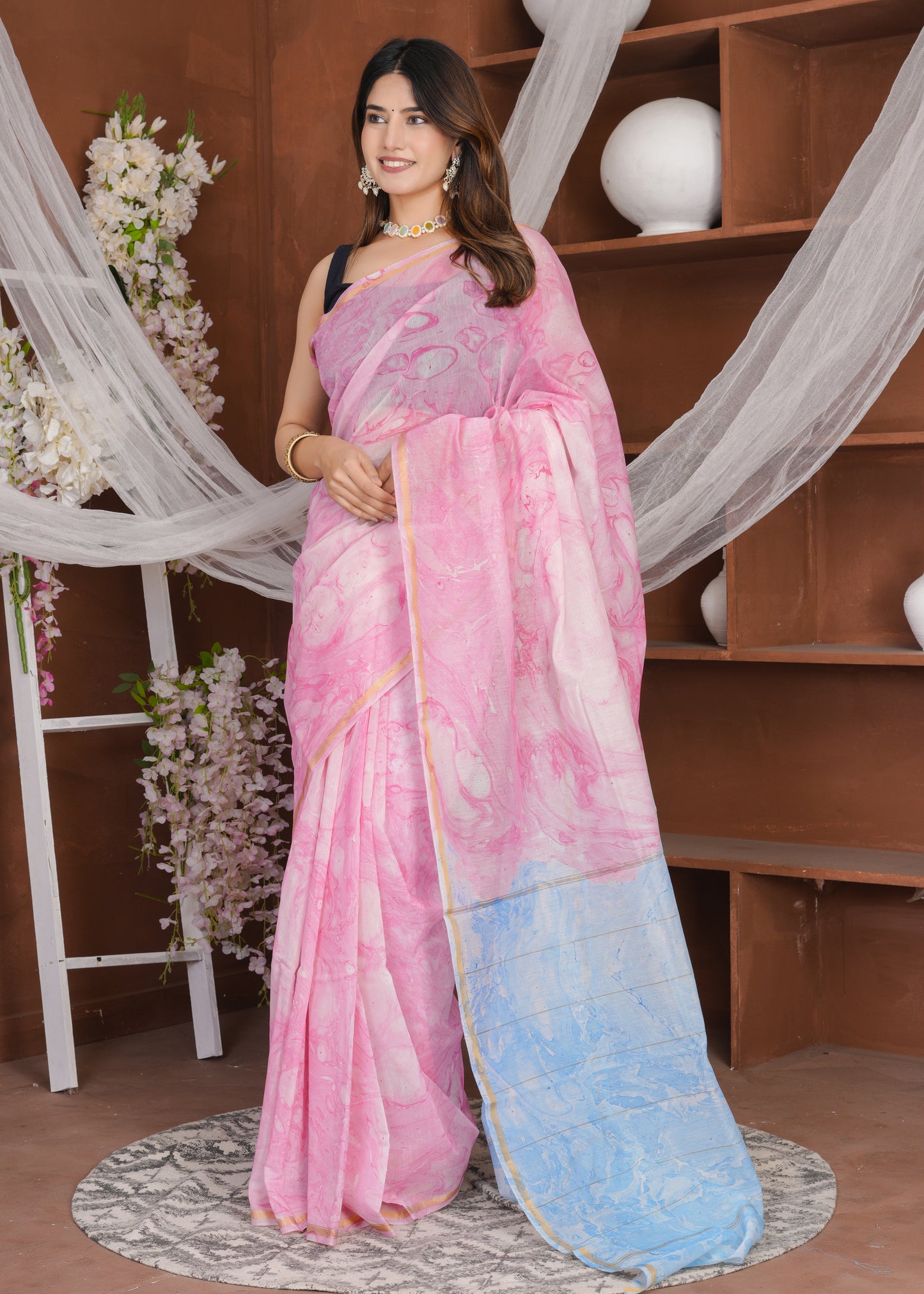 Pink & Blue Marble Pure Chanderi Saree