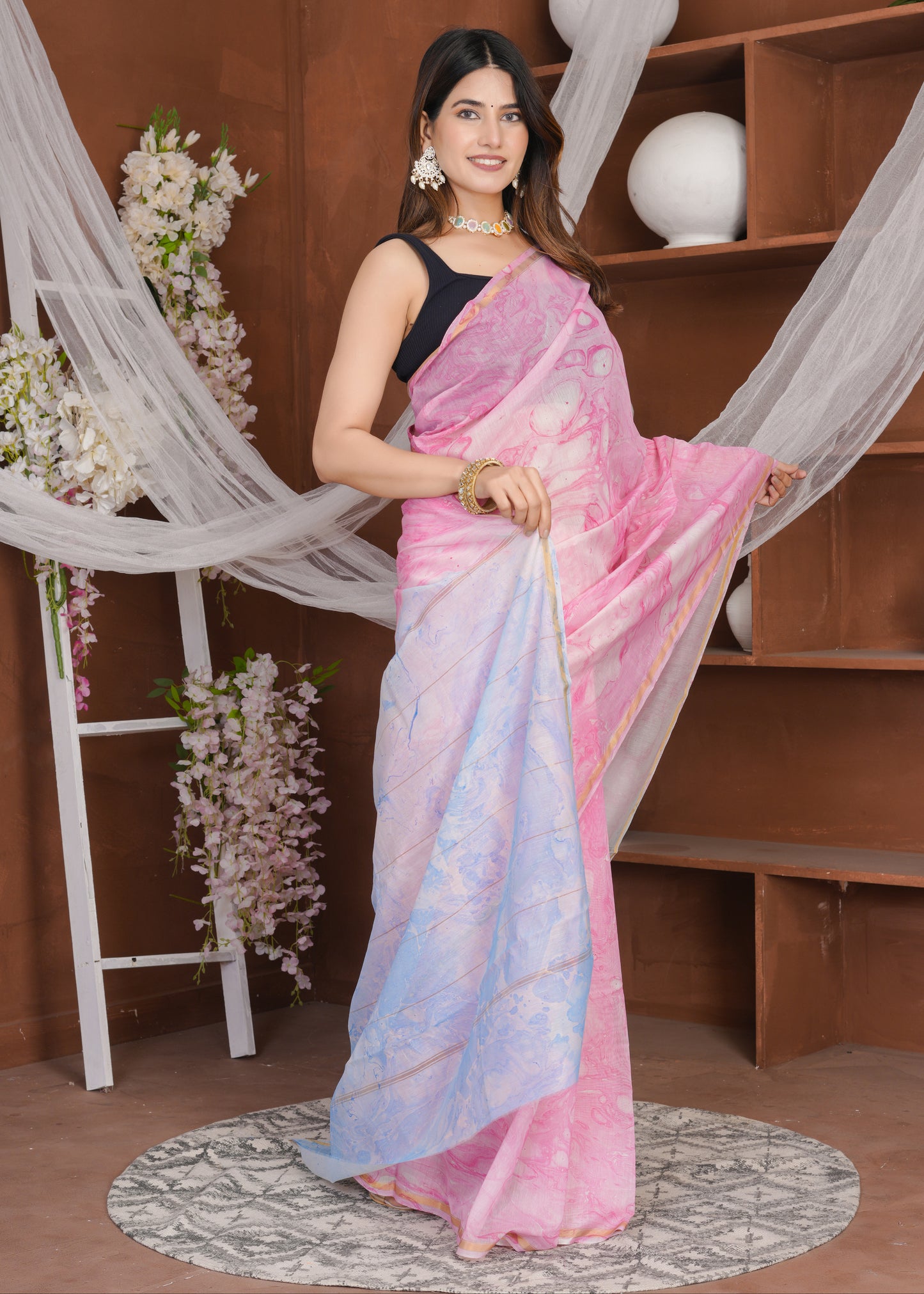 Pink & Blue Marble Pure Chanderi Saree