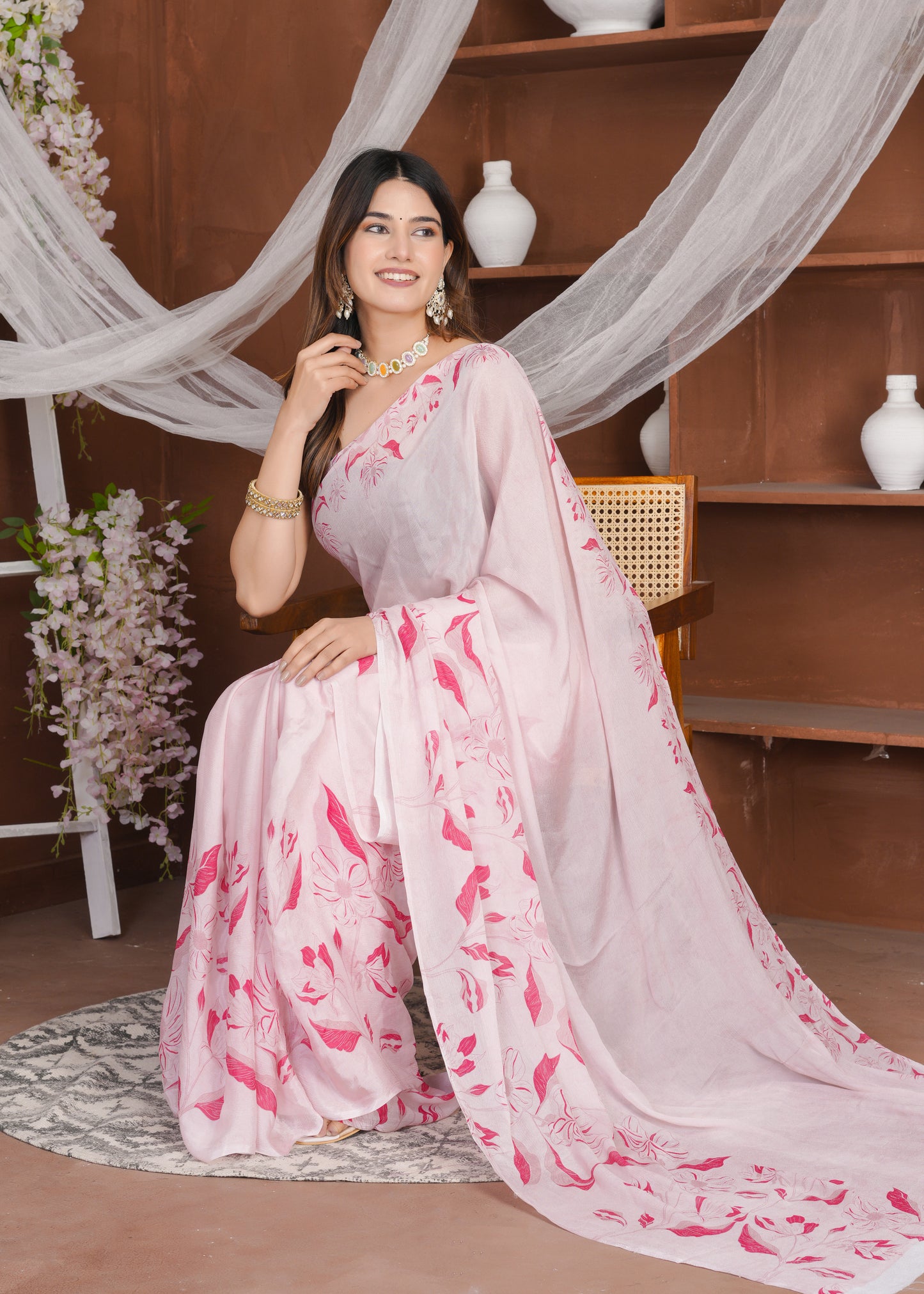 Aahana: French Rose Pure Chinnon Saree