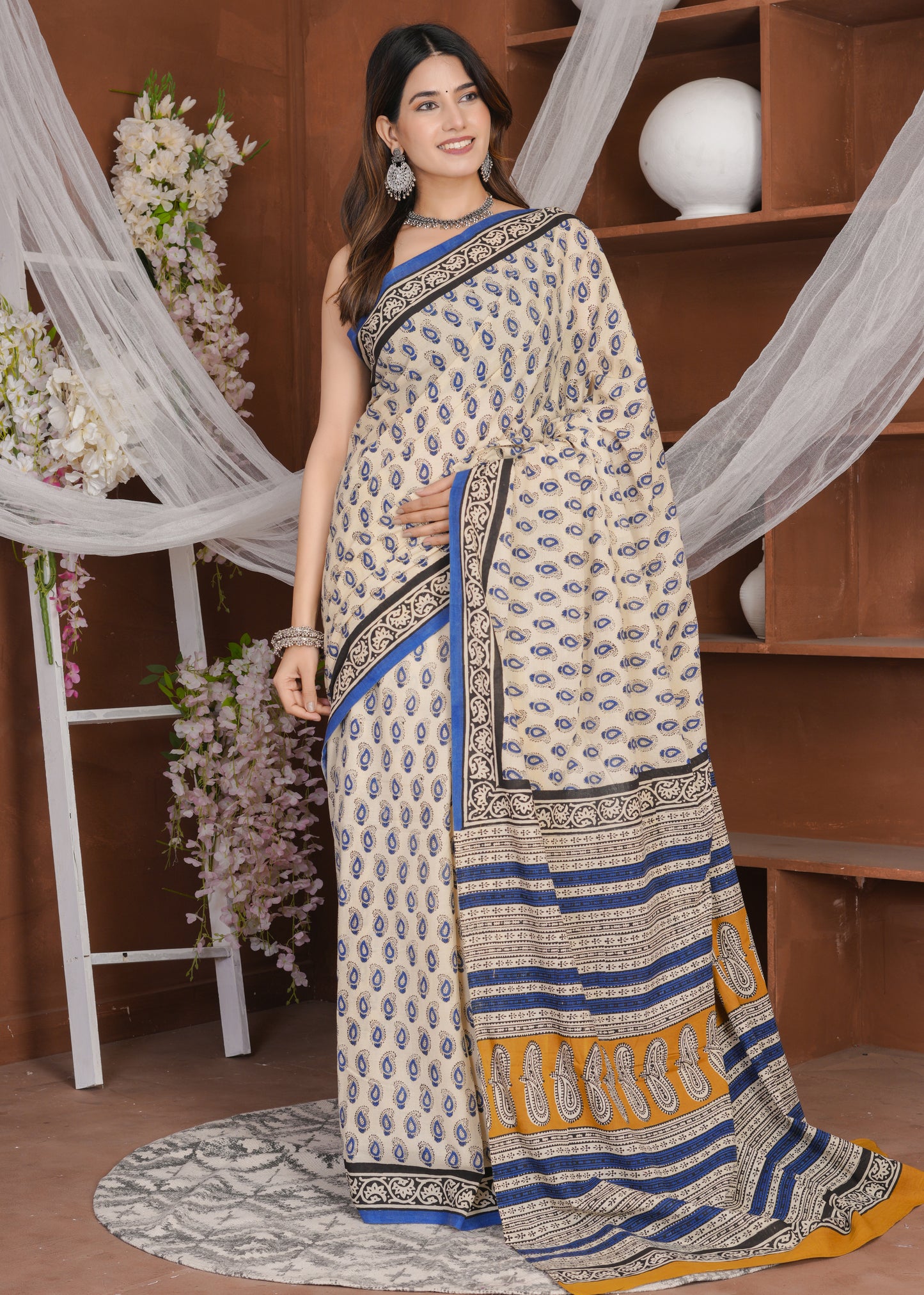 Cream & Chambray Bagru Pure Mul Cotton Saree
