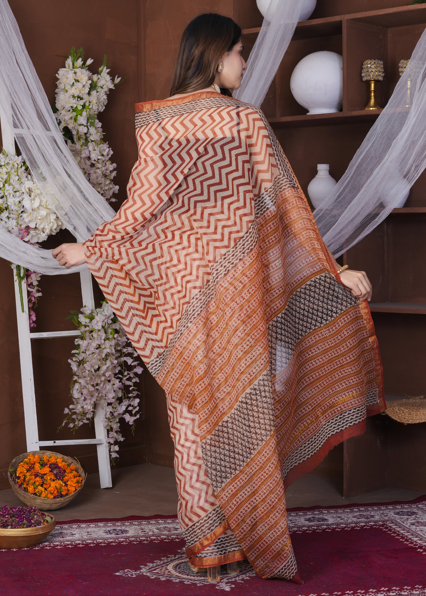 Stria: Falu Red Dabu Print Kota Doria Saree