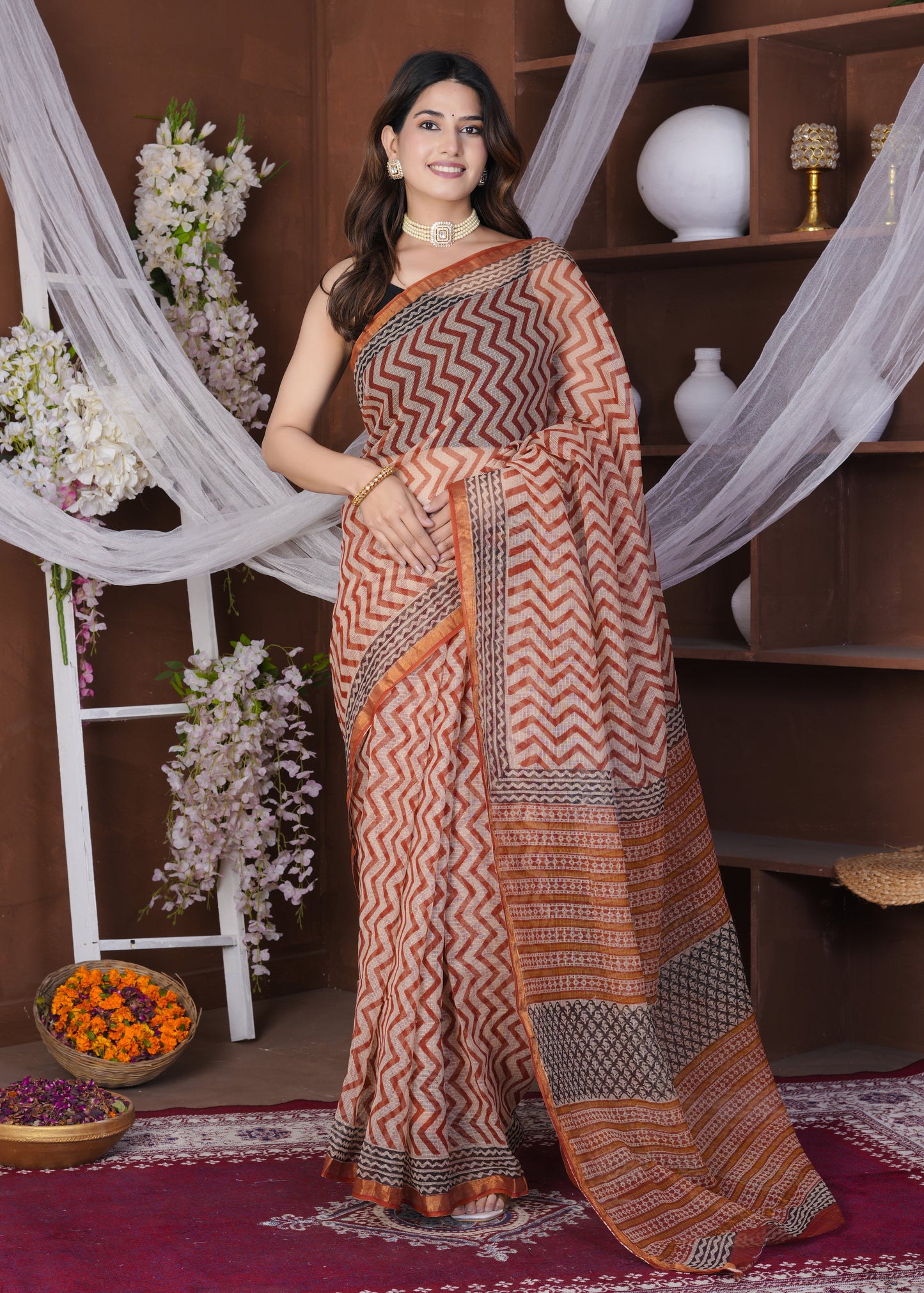 Stria: Falu Red Dabu Print Kota Doria Saree