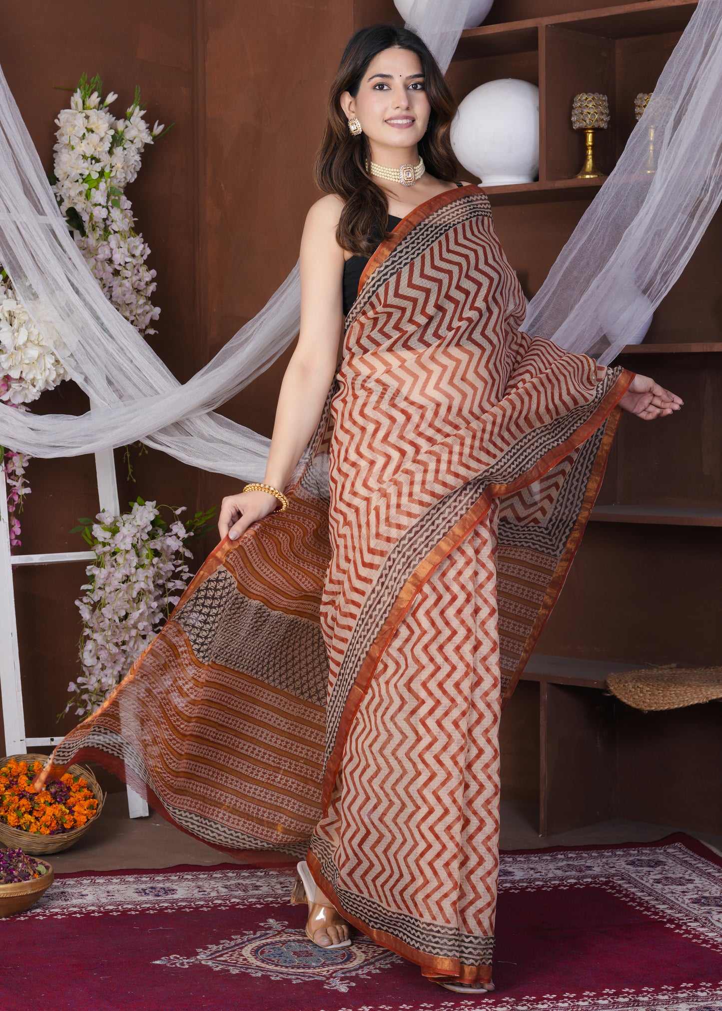 Stria: Falu Red Dabu Print Kota Doria Saree