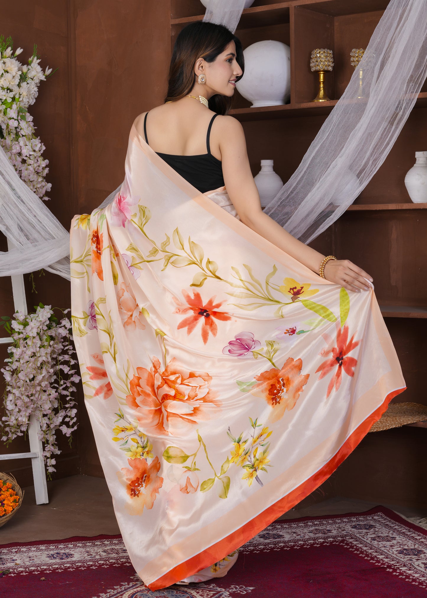 Velora: Peachy Floral Viscose Crepe Printed Saree