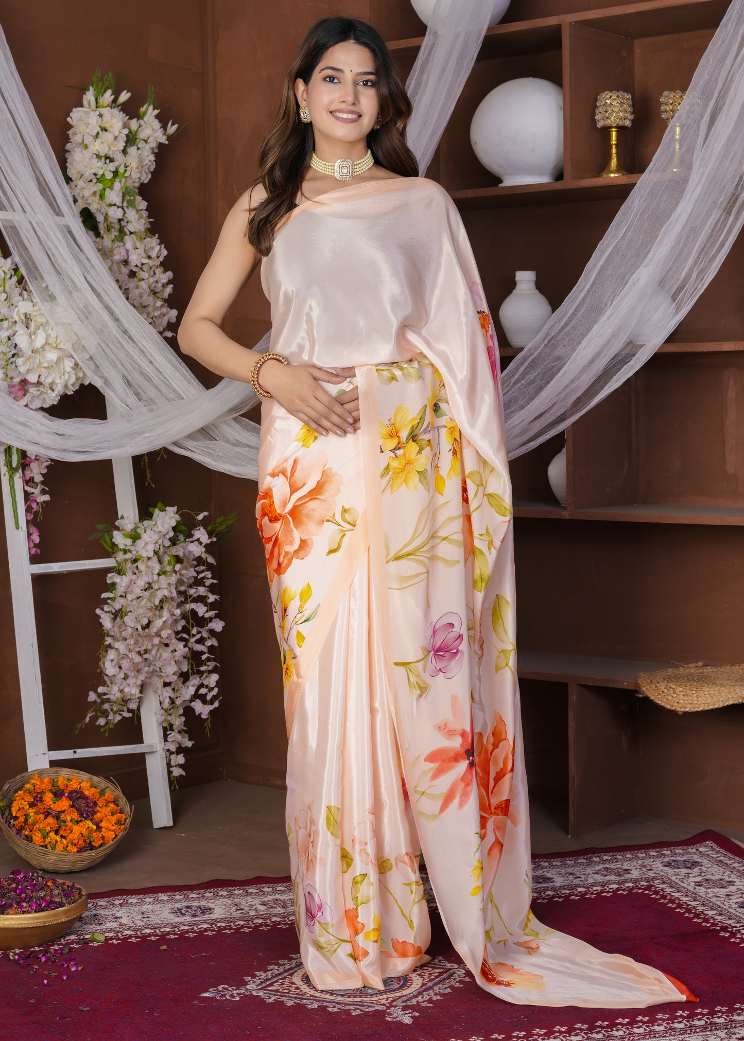 Velora: Peachy Floral Viscose Crepe Printed Saree