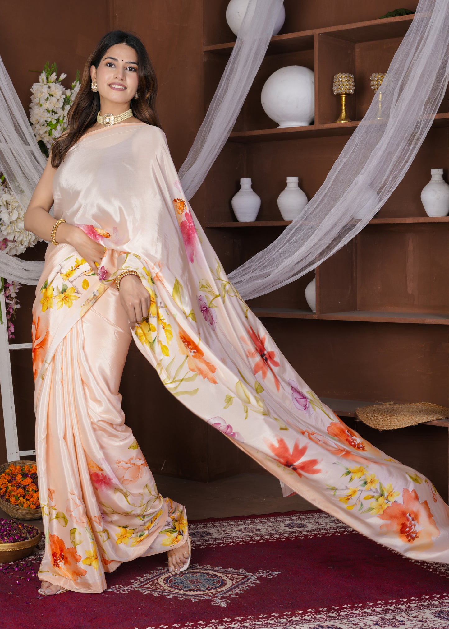 Velora: Peachy Floral Viscose Crepe Printed Saree