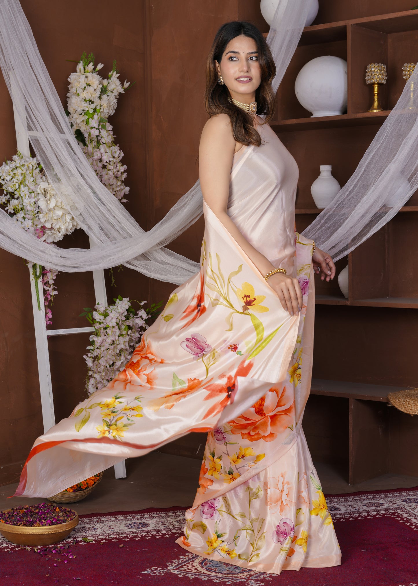 Velora: Peachy Floral Viscose Crepe Printed Saree