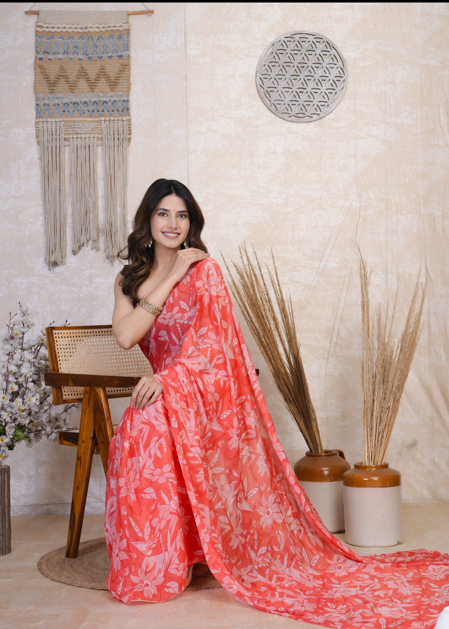 Aahana: Bean Red Pure Chinon Saree