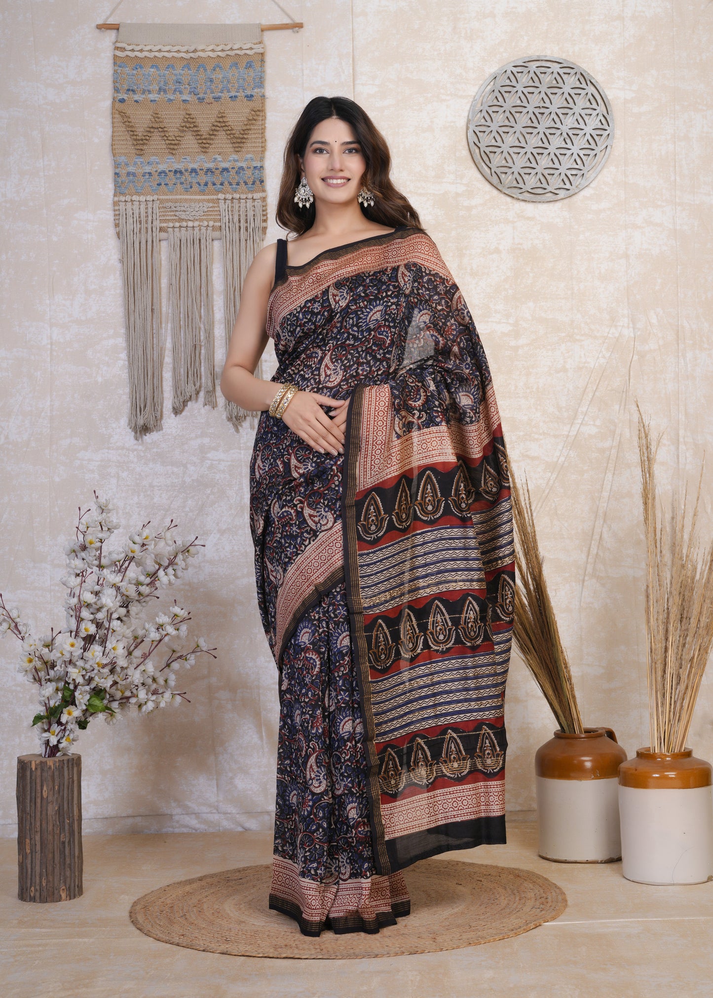 Neelrati: Blue & Red Kalamkari Pure Chanderi Saree