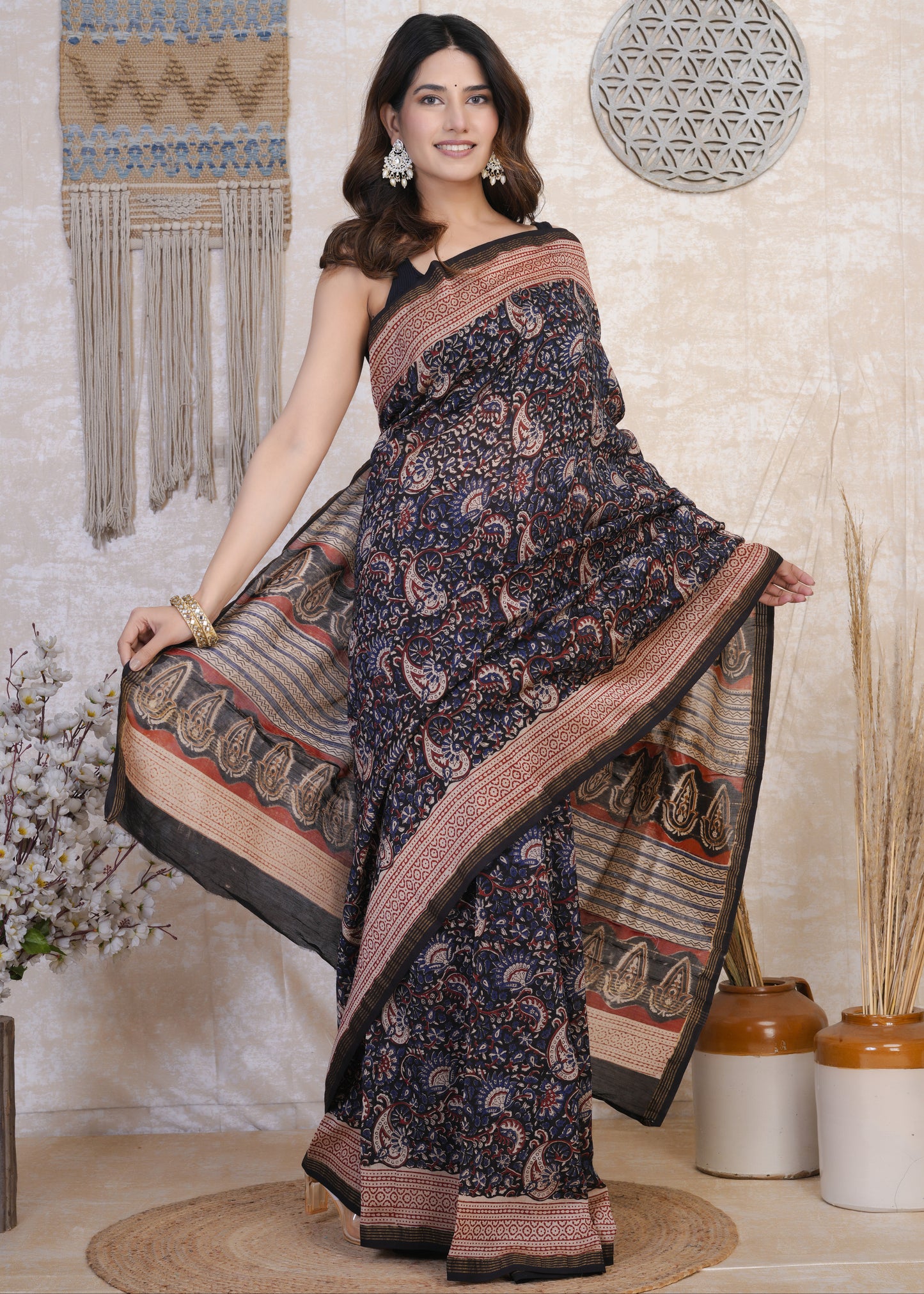Neelrati: Blue & Red Kalamkari Pure Chanderi Saree