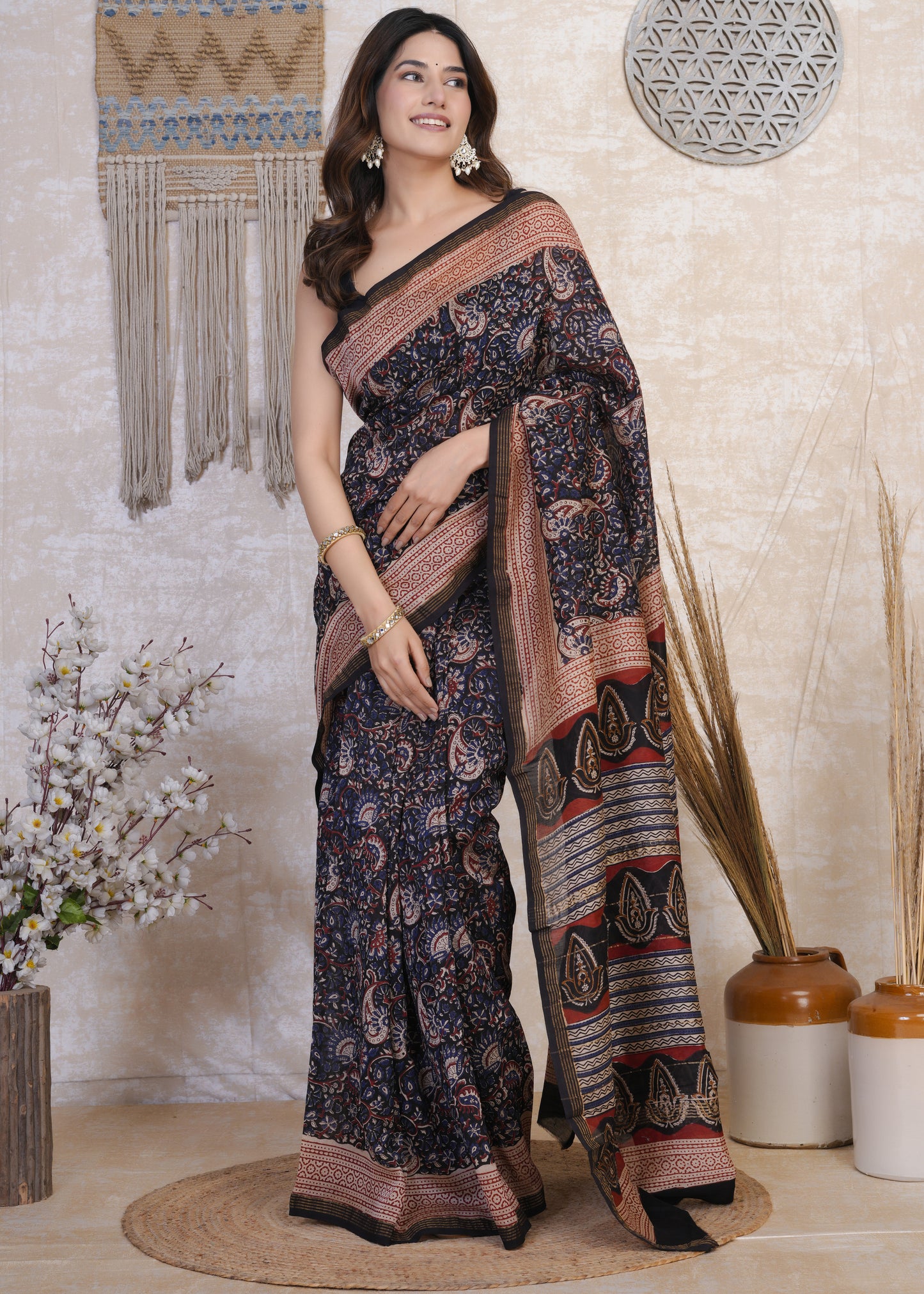 Neelrati: Blue & Red Kalamkari Pure Chanderi Saree