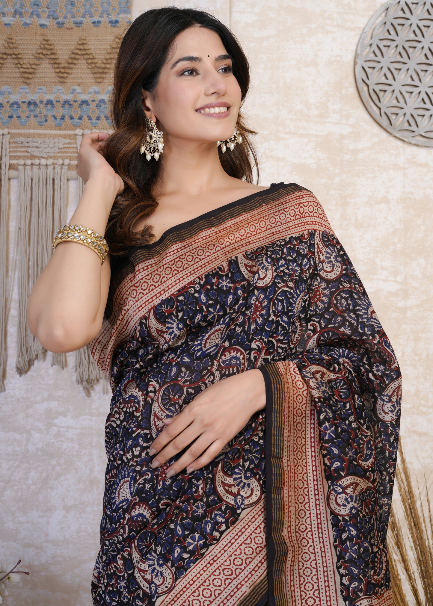 Neelrati: Blue & Red Kalamkari Pure Chanderi Saree