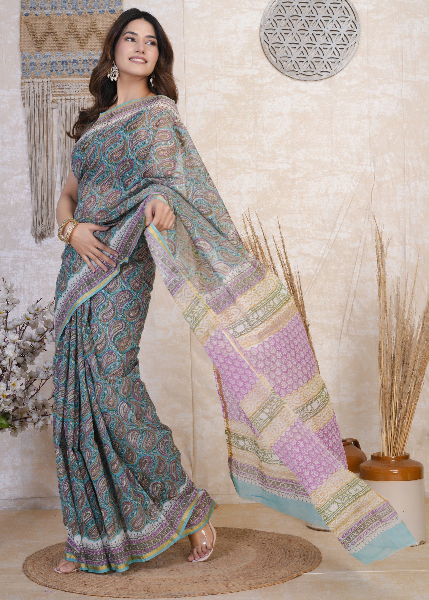 Neelakshi: Blue & Pink Semi Chanderi Saree