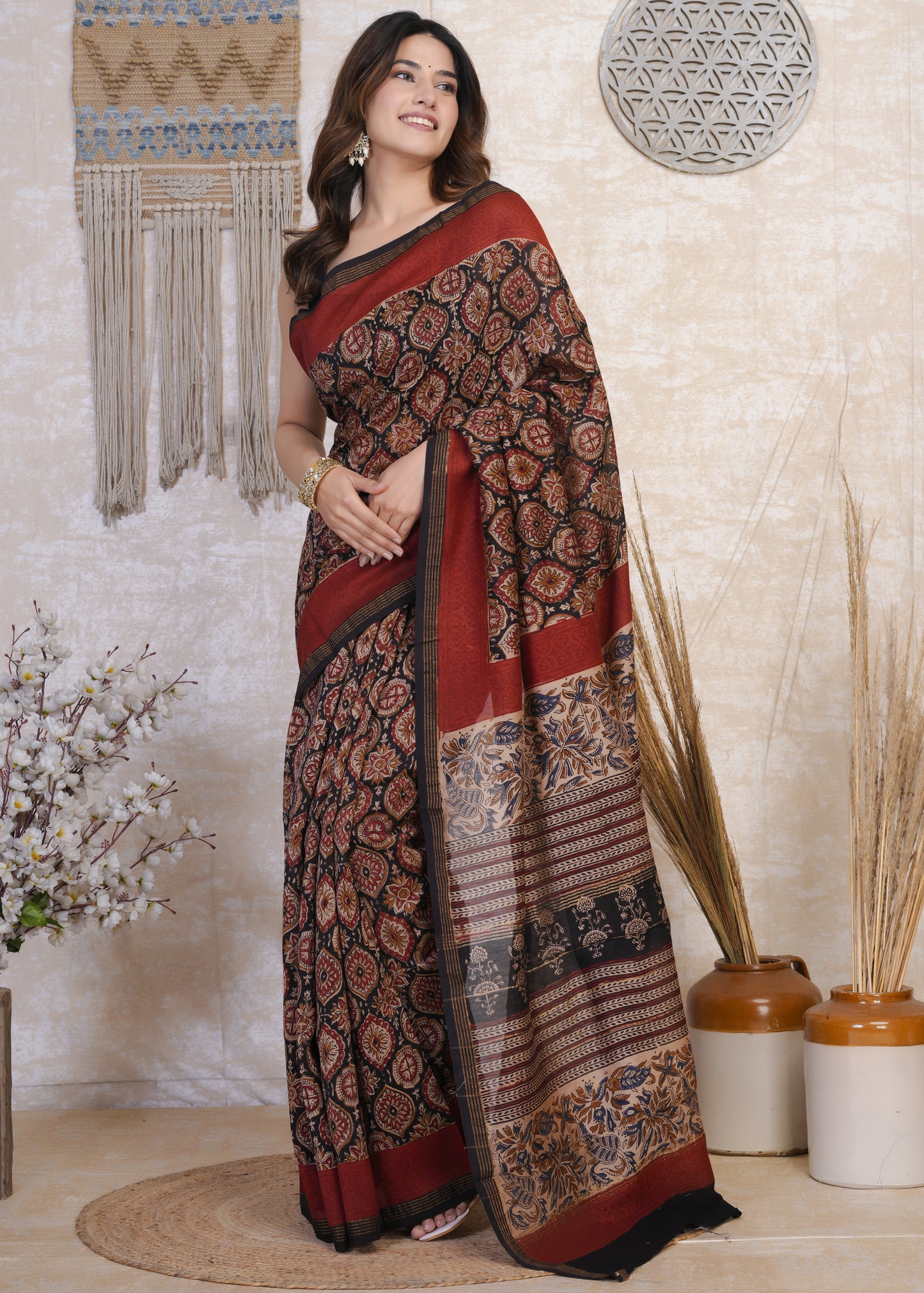 Kaashini: Black & Red Kalamkari Pure Chanderi Saree