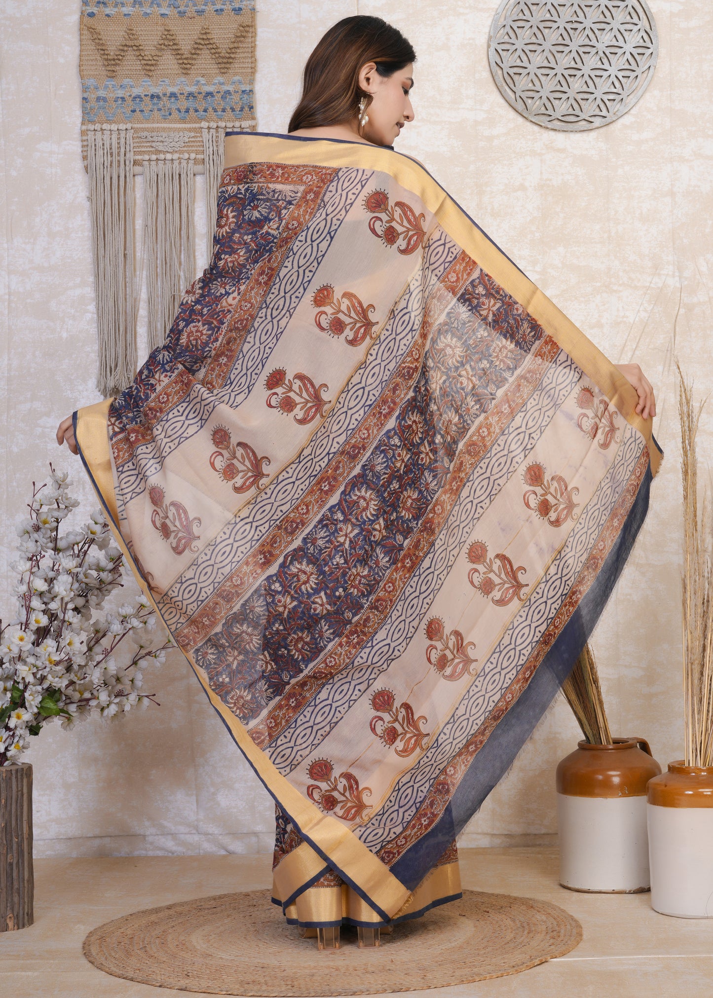 Indrani: Blue & Red Brod Border Chanderi