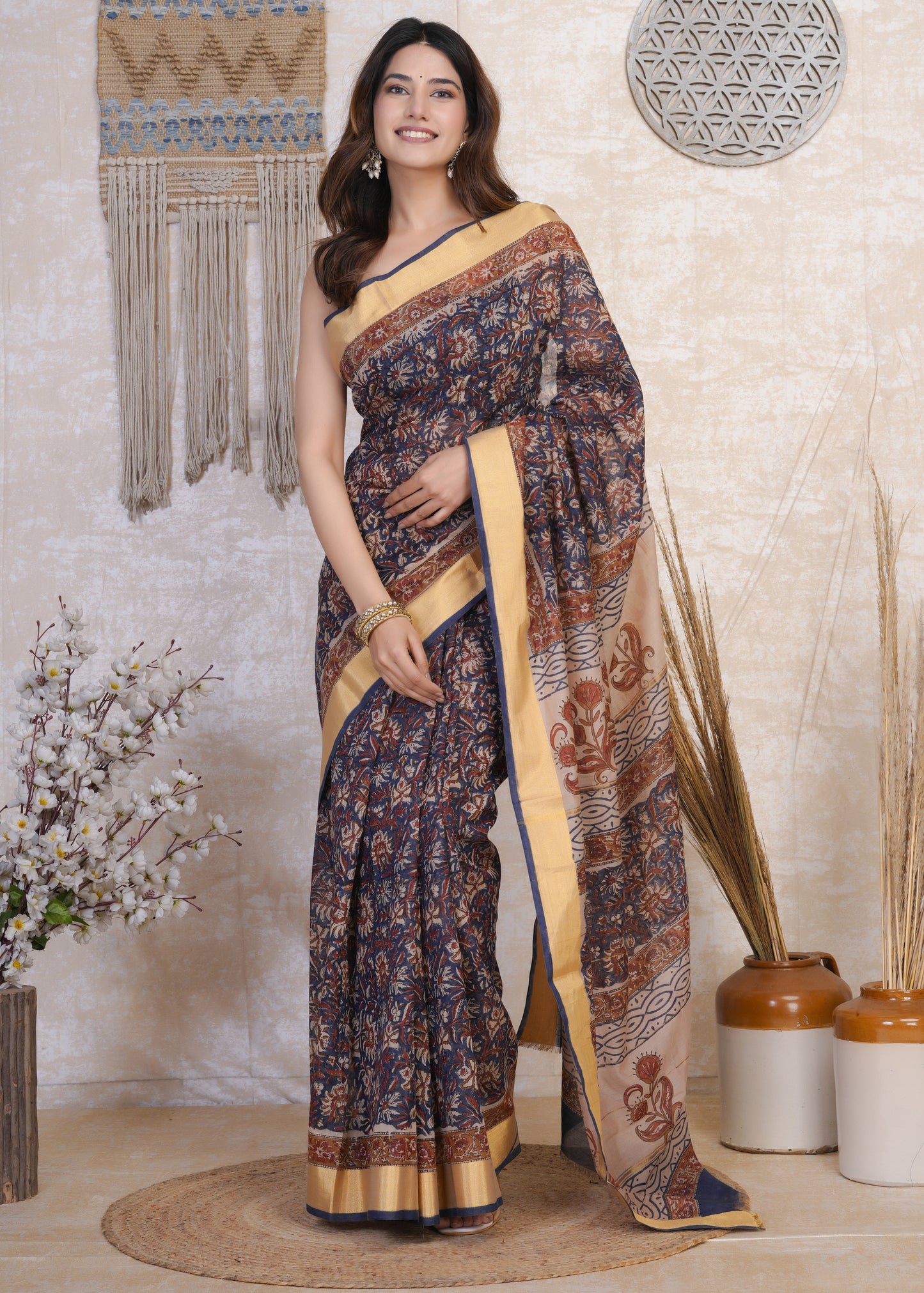 Indrani: Blue & Red Brod Border Chanderi