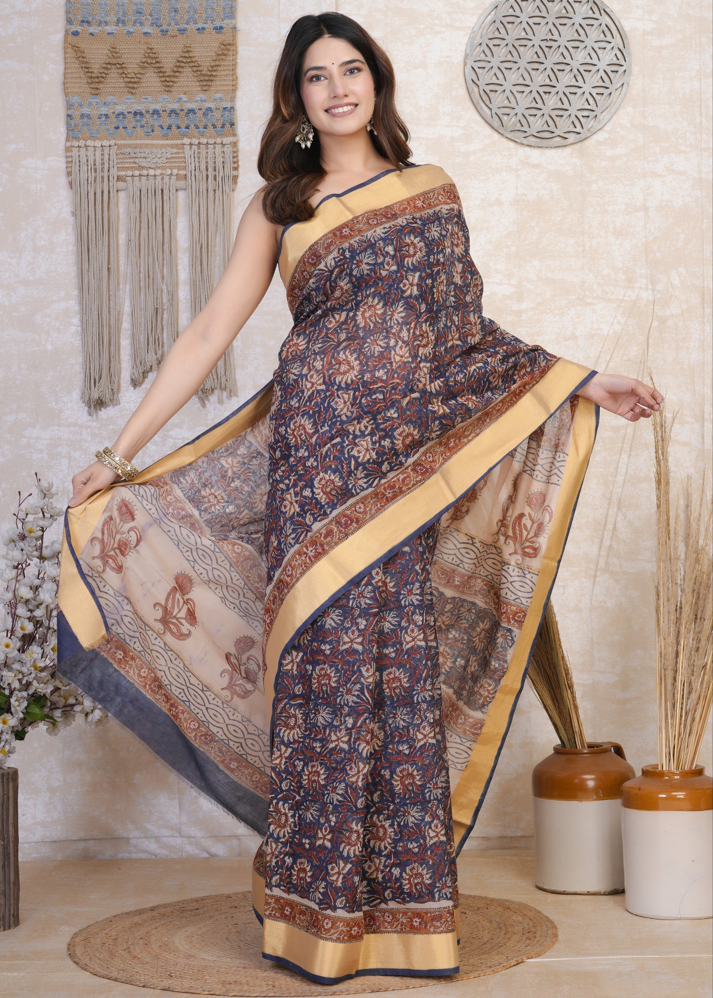 Indrani: Blue & Red Brod Border Chanderi