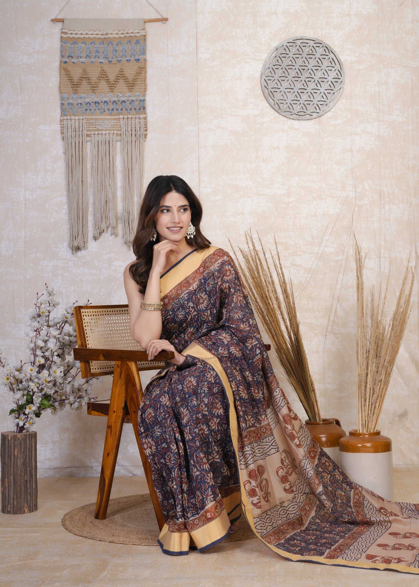 Indrani: Blue & Red Brod Border Chanderi