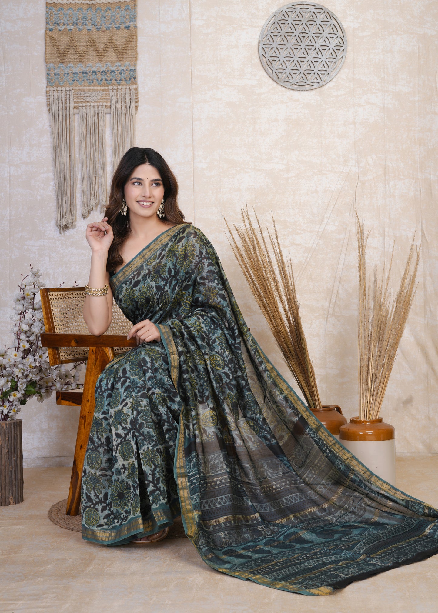 Monali: Blue Ajrak Pure Maheshwari Silk Saree