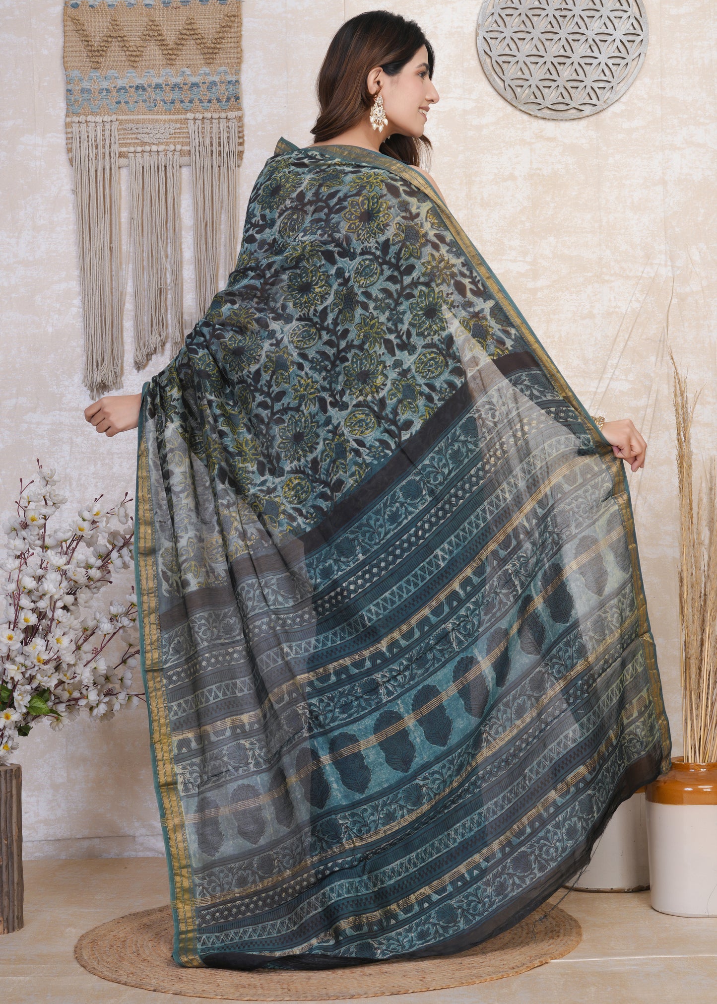 Monali: Blue Ajrak Pure Maheshwari Silk Saree
