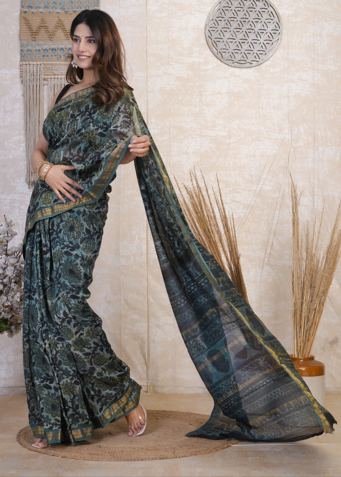 Monali: Blue Ajrak Pure Maheshwari Silk Saree