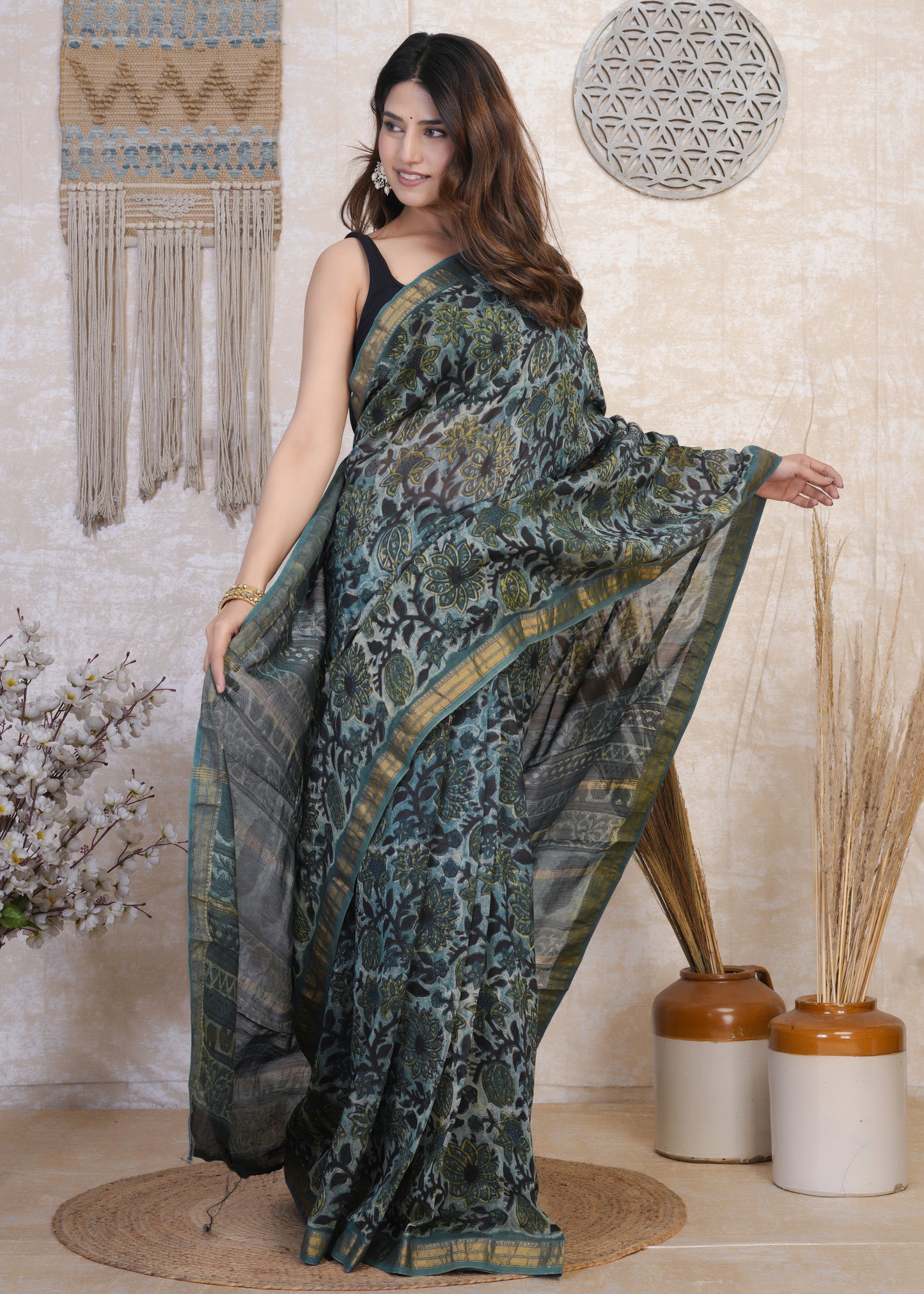 Monali: Blue Ajrak Pure Maheshwari Silk Saree