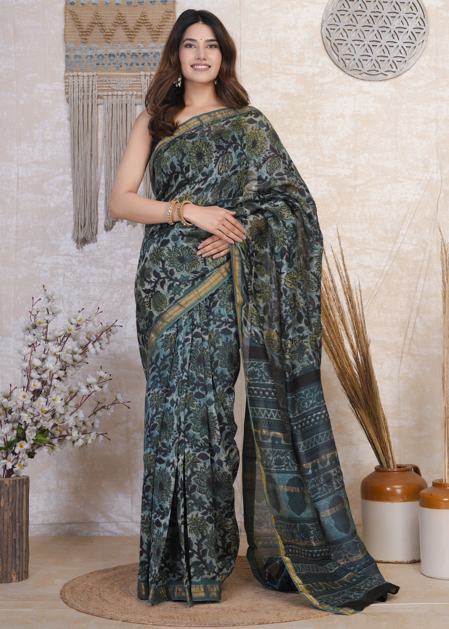 Monali: Blue Ajrak Pure Maheshwari Silk Saree