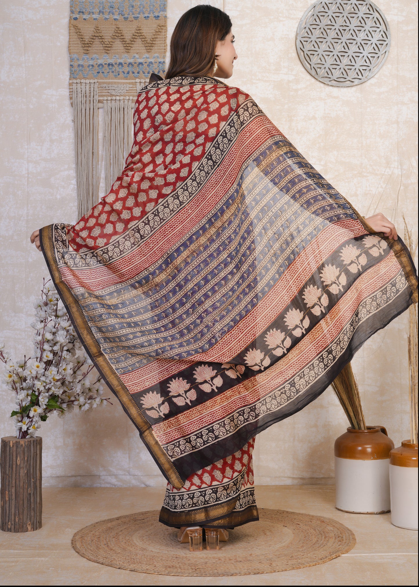 Ragini: Persian Red Bagru Maheshwari Silk Saree