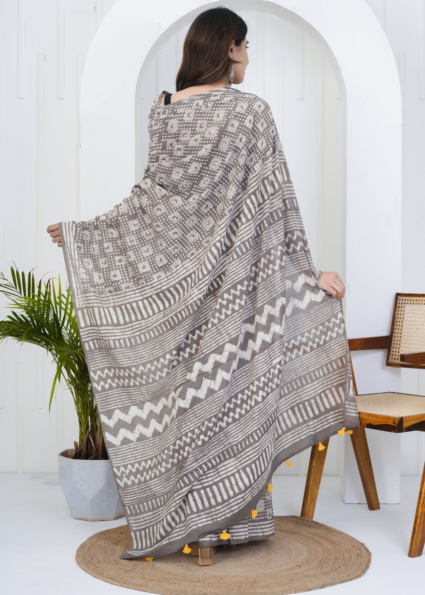 Brownish Grey Dabu Mul Cotton Saree