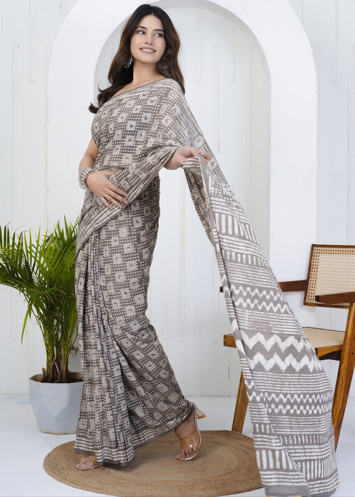 Brownish Grey Dabu Mul Cotton Saree