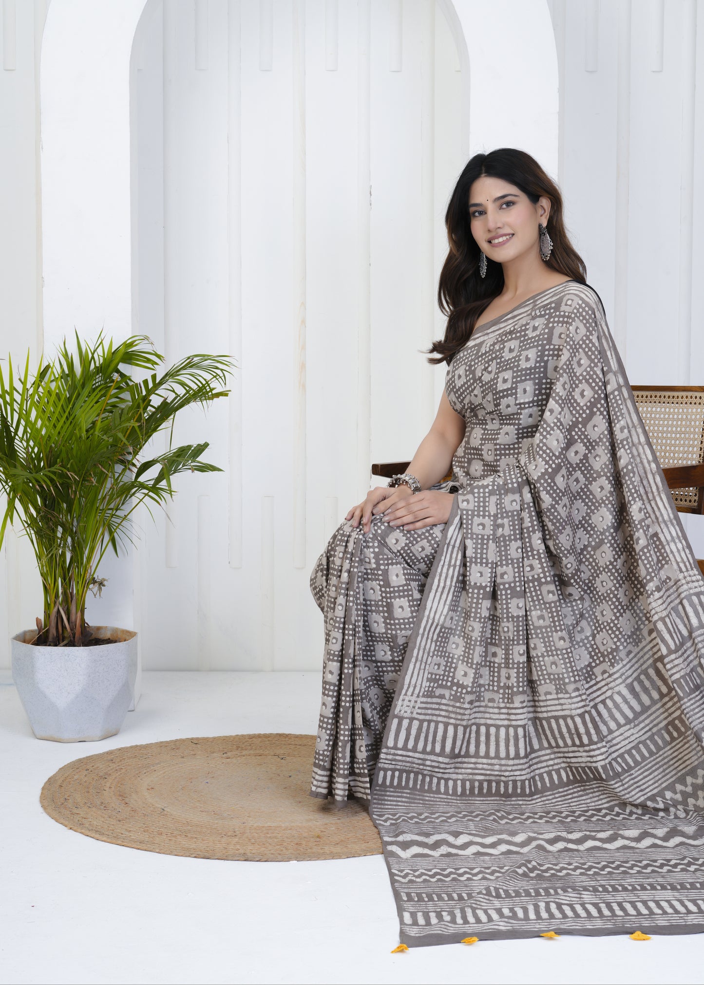 Brownish Grey Dabu Mul Cotton Saree