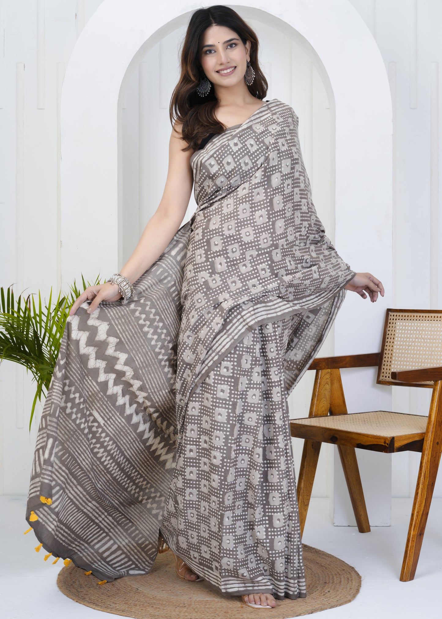 Brownish Grey Dabu Mul Cotton Saree