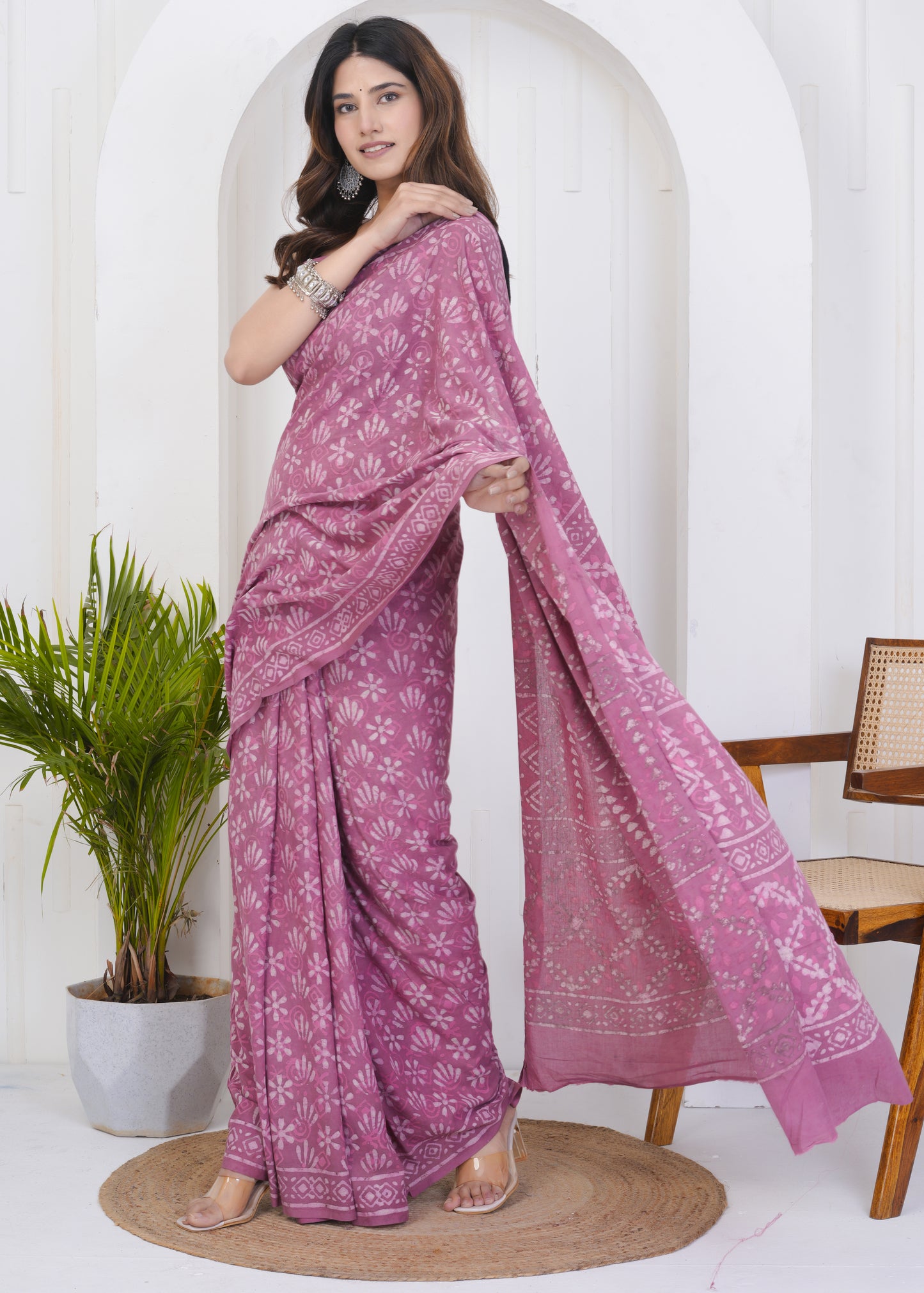 Tulip Pink Dabu Pure Mul Cotton Saree