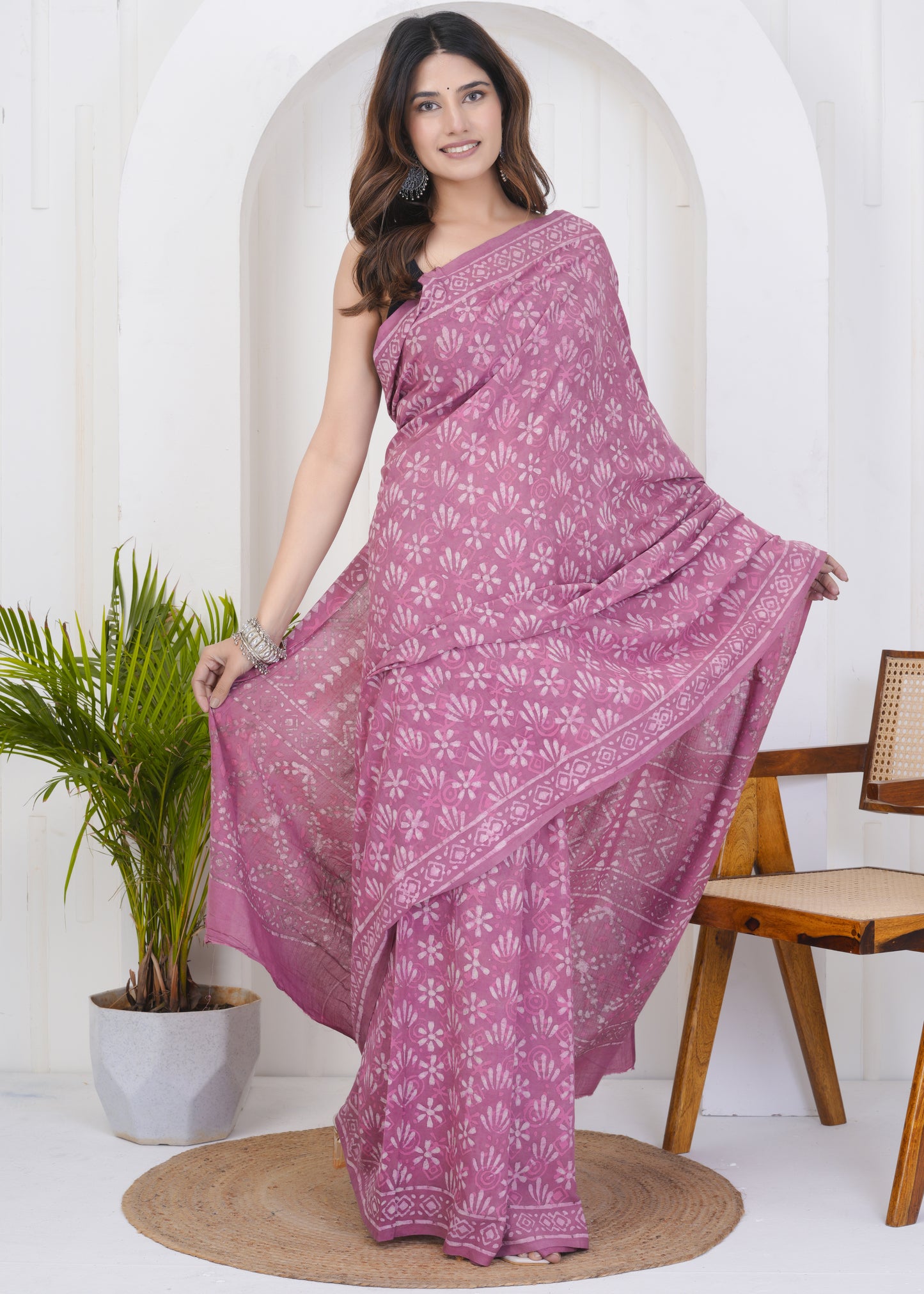 Tulip Pink Dabu Pure Mul Cotton Saree