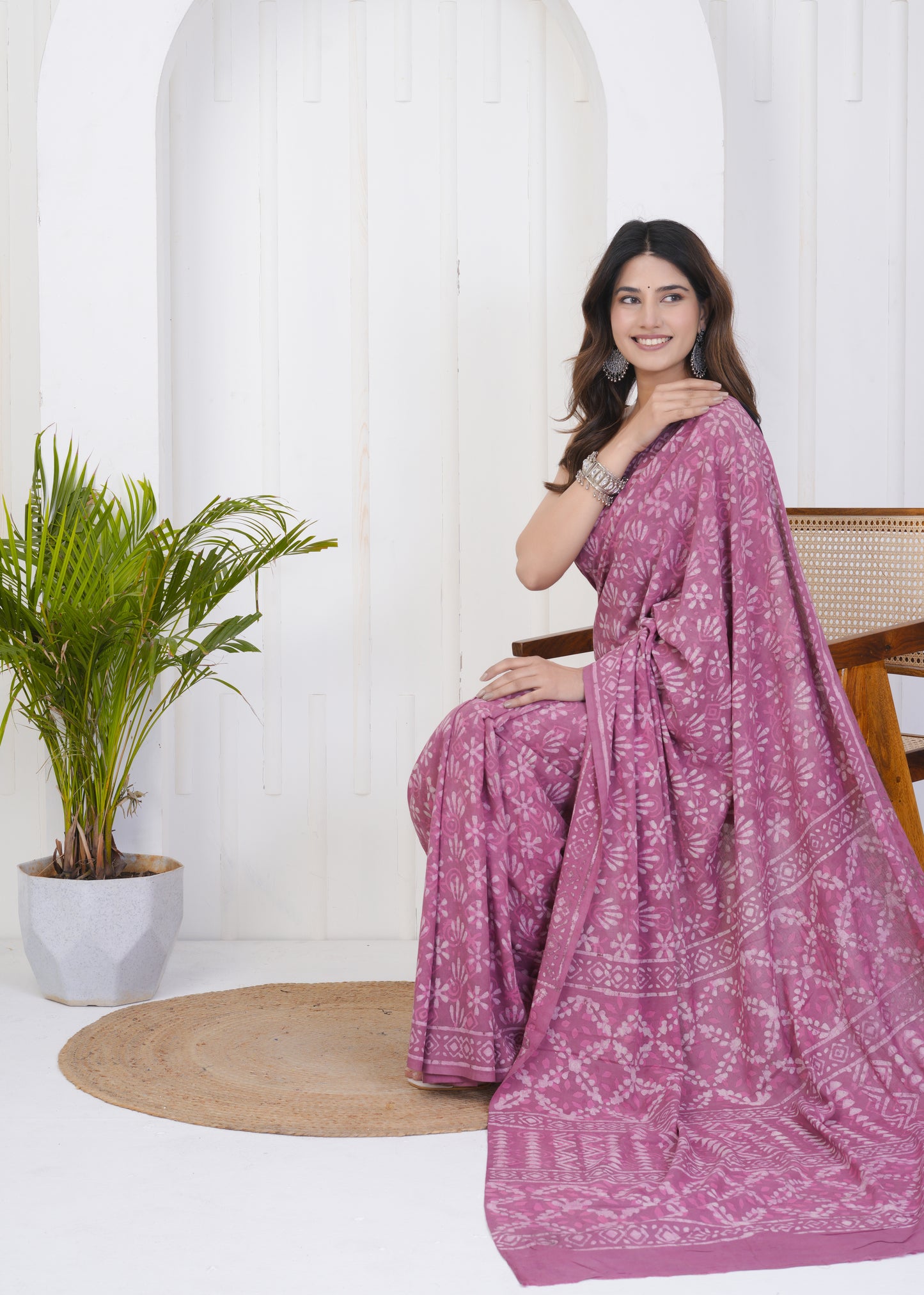Tulip Pink Dabu Pure Mul Cotton Saree