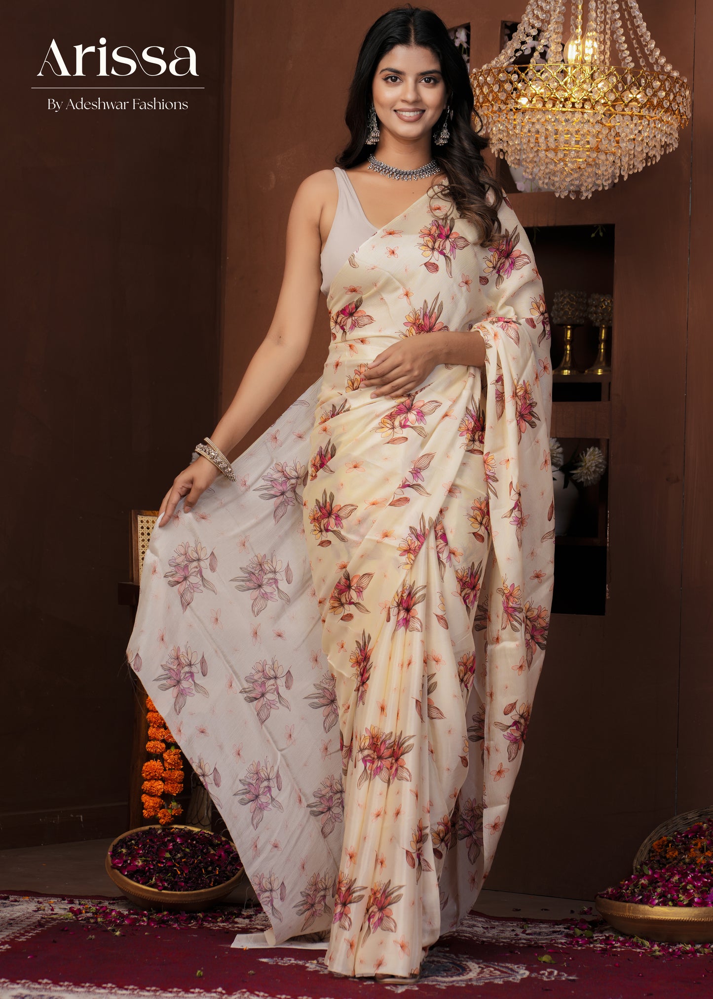 Aahana Off-white Rose Pure Chinnon Saree